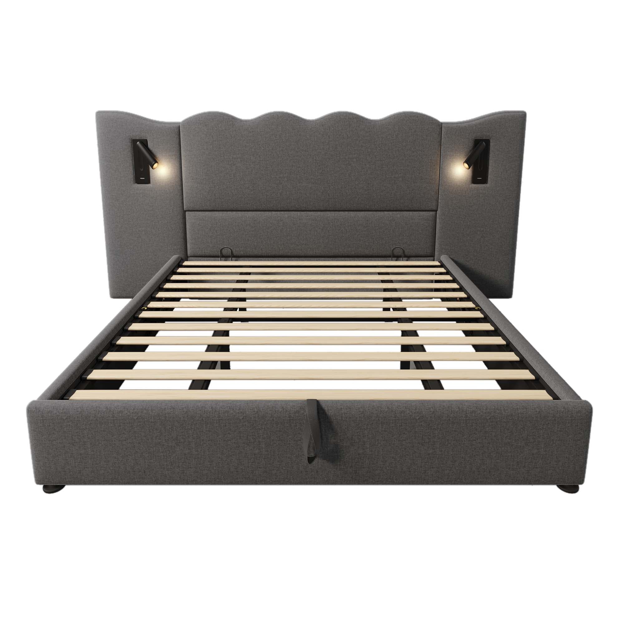 Upholstered Double Bed 180x200 with Reading Lamp and USB Type-C, Storage Bed Frame, Grey Linen