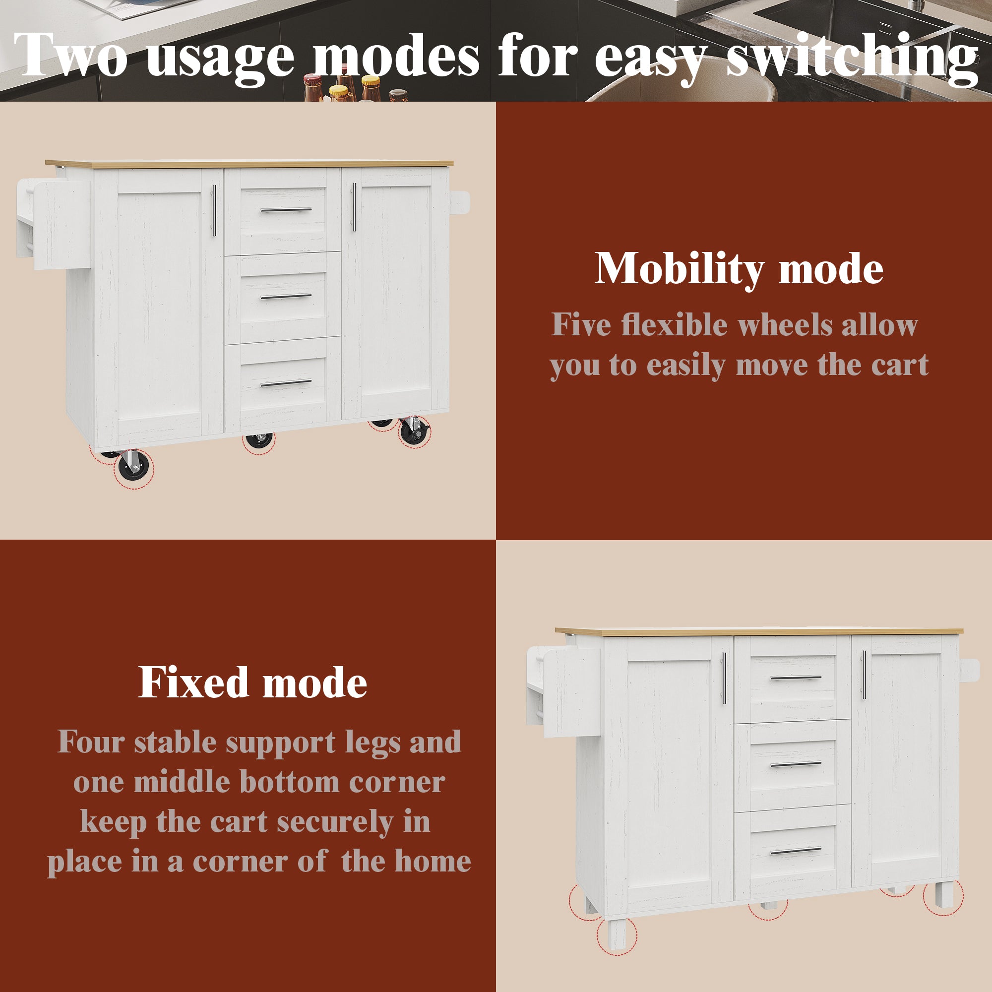 Kitchen Island Mobile Worktop Storage Removable Partitions - White