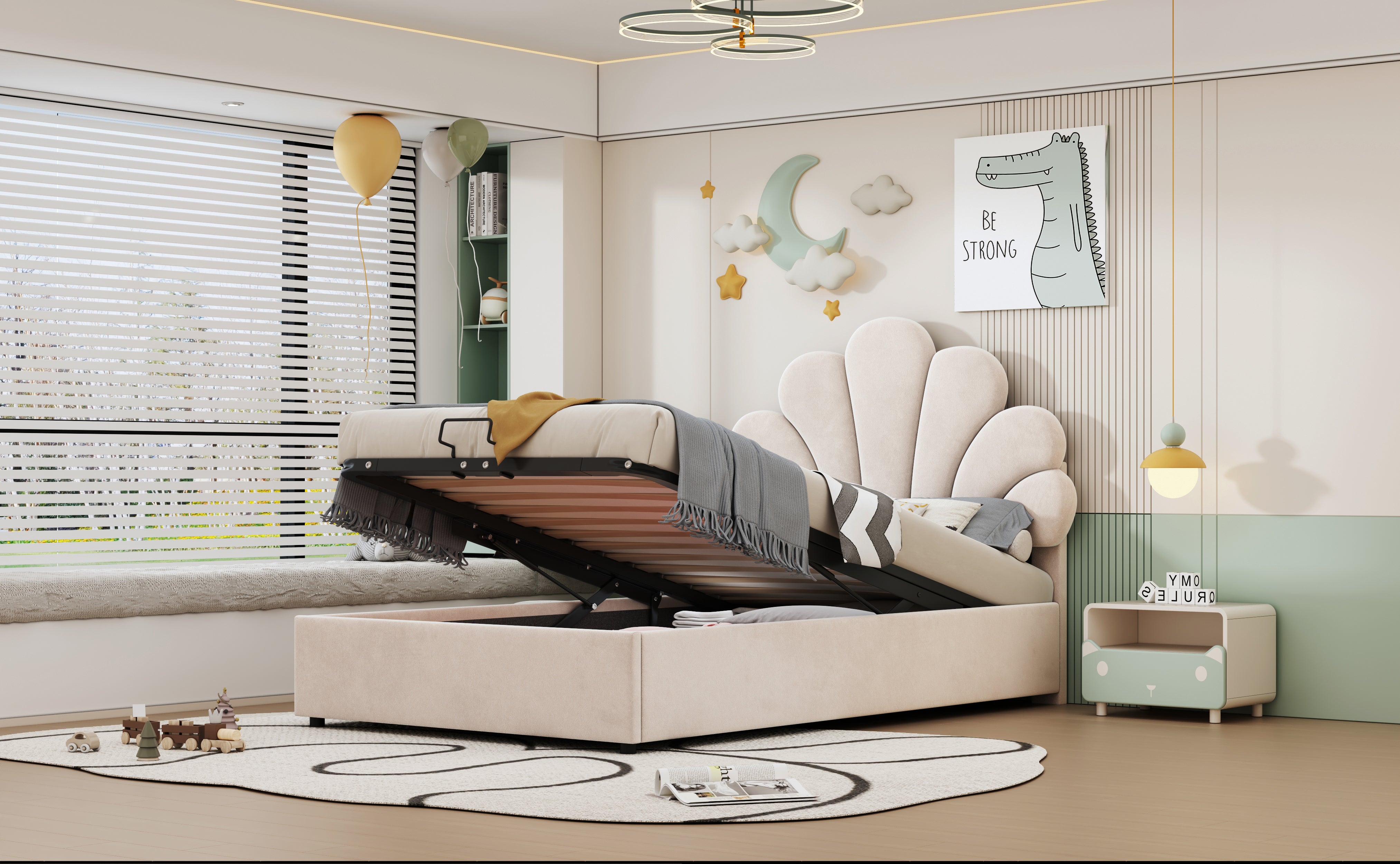 Upholstered Children's Bed 90x200cm Floral Hydraulic Storage Velvet Beige