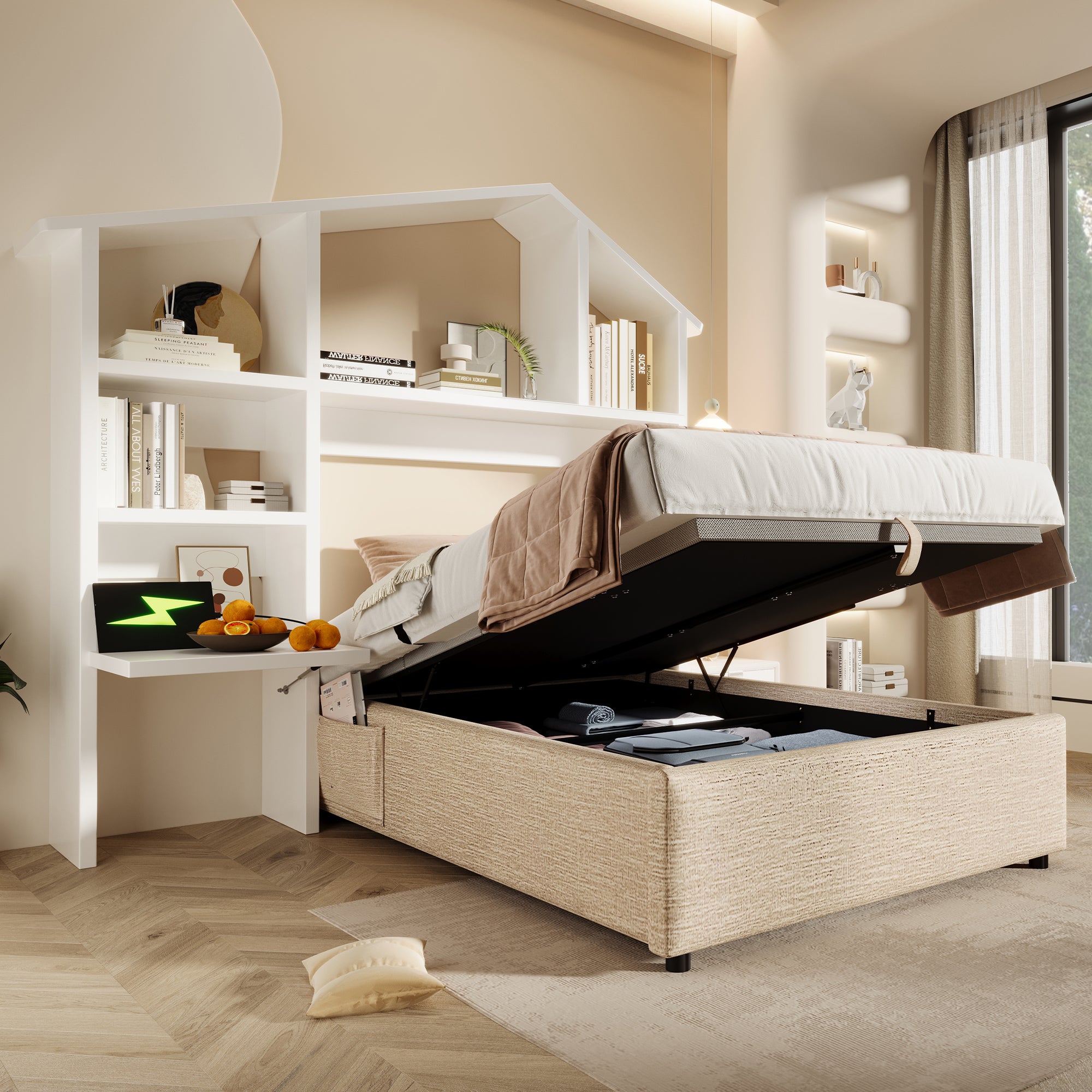 Children's Upholstered Bed, 90x190 cm with Bookcase, Hydraulic Storage & USB-C, Single, Linen