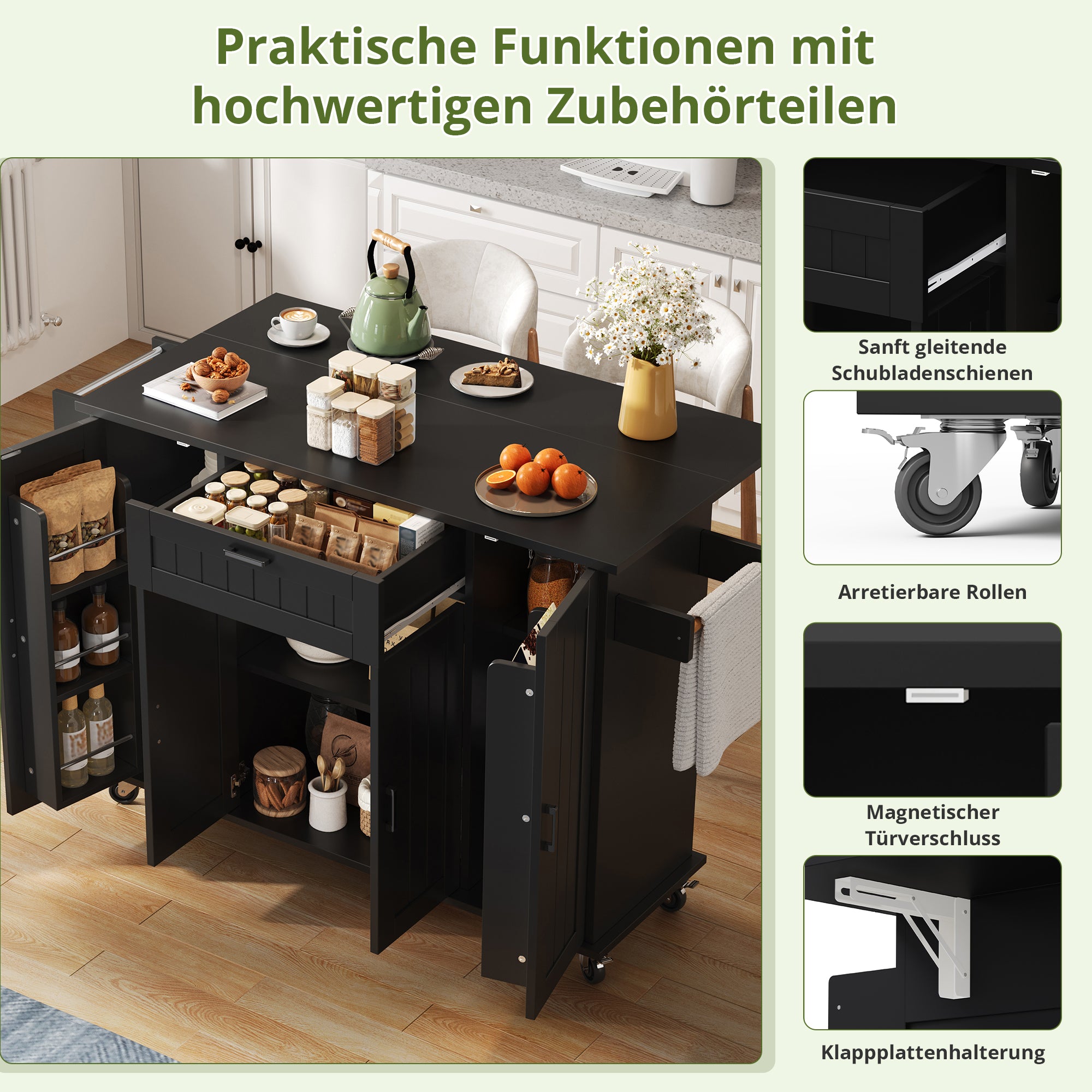 Mobile Kitchen Island with Folding Worktop and Storage Cabinet 4 Doors Black