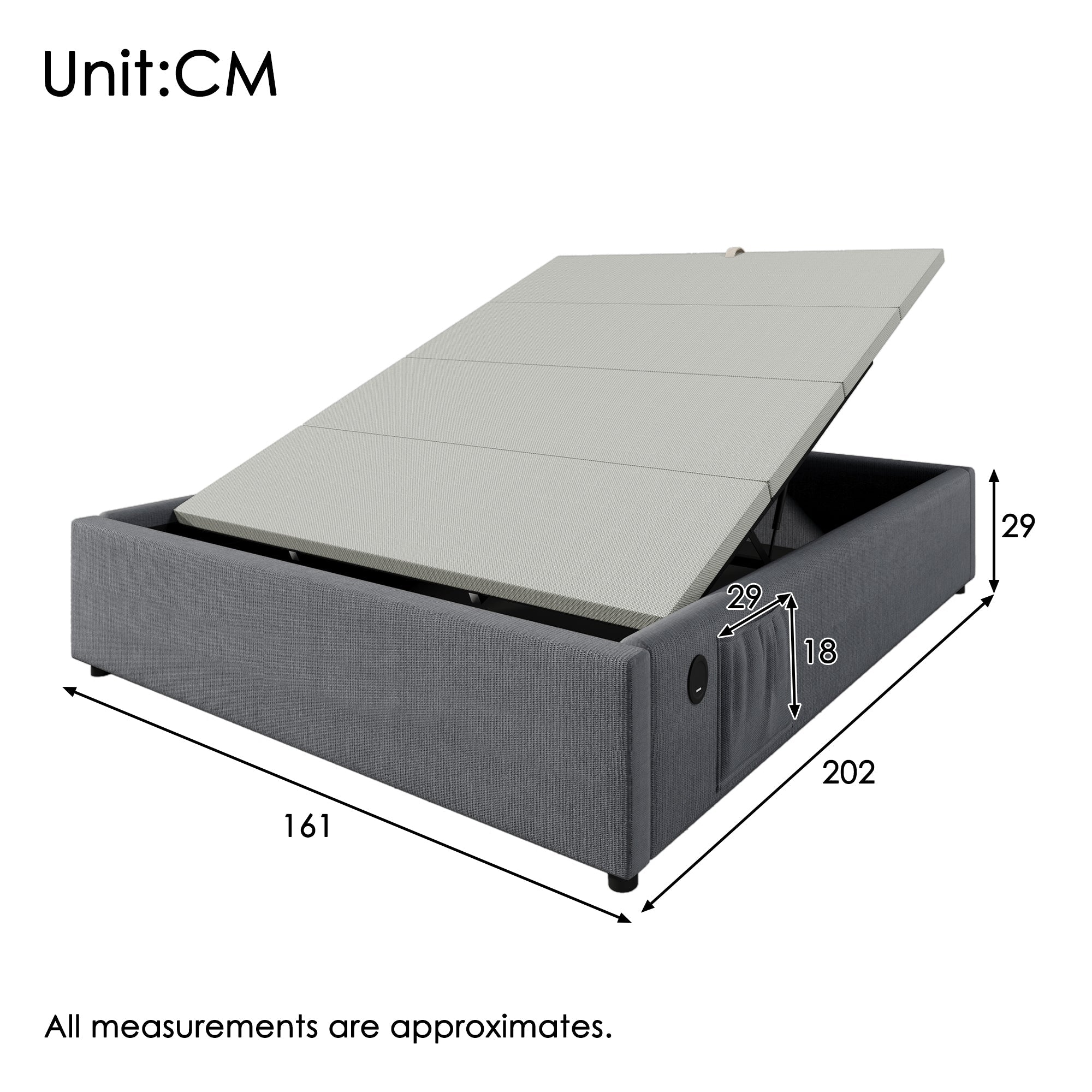 Upholstered Double Bed 160x200cm with USB-C, Cotton, Grey