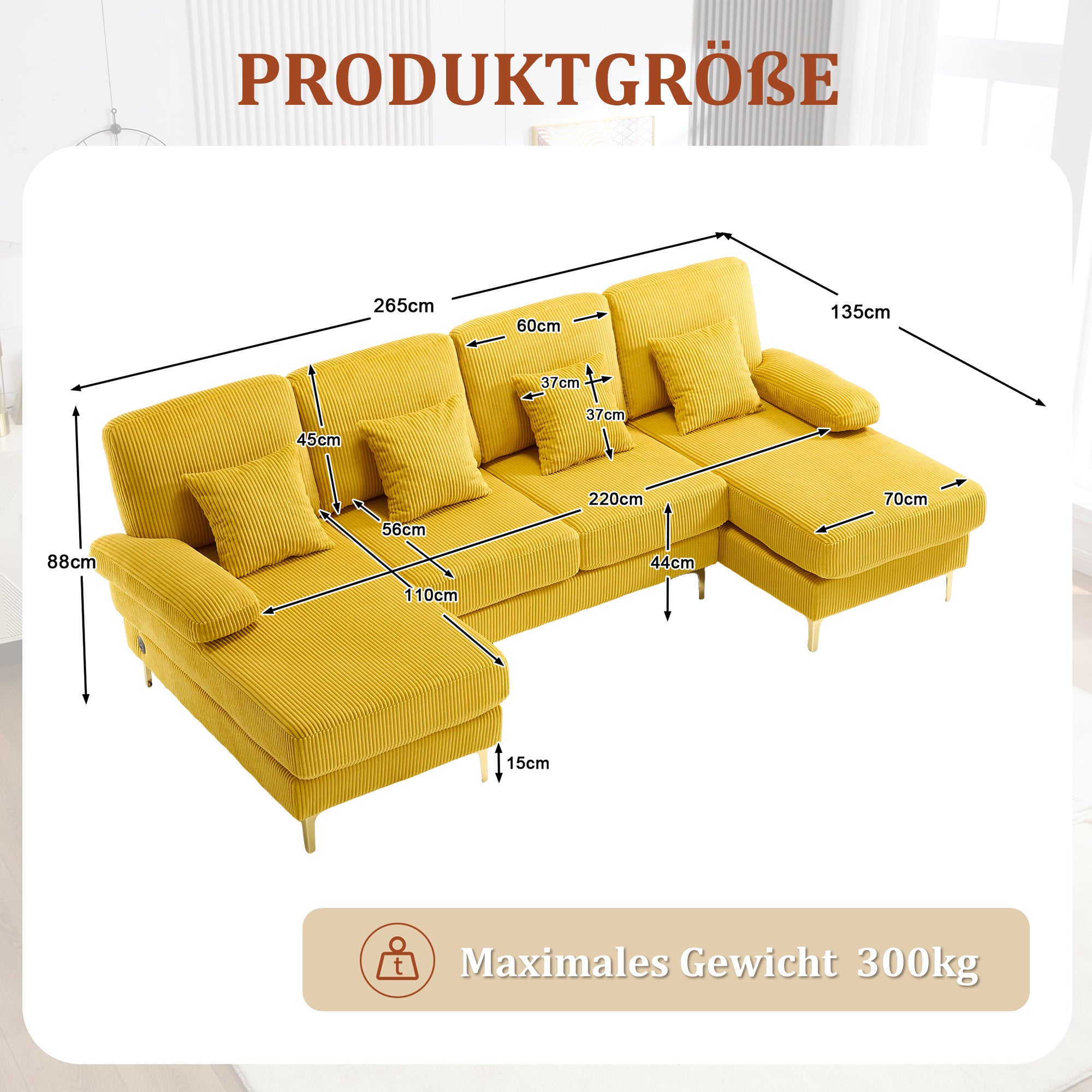 U-Shaped Sofa, LED Ambient Lighting & USB-C Port, Yellow