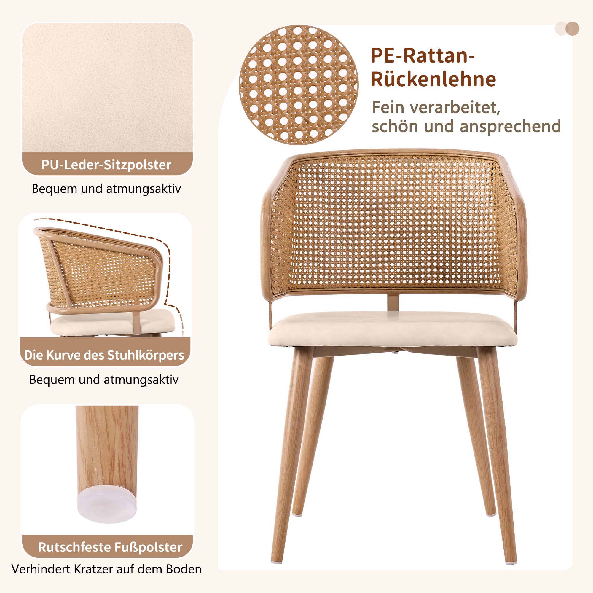 Dining Chairs, Rattan Backrest, PU Leather Seat, 2 Pack