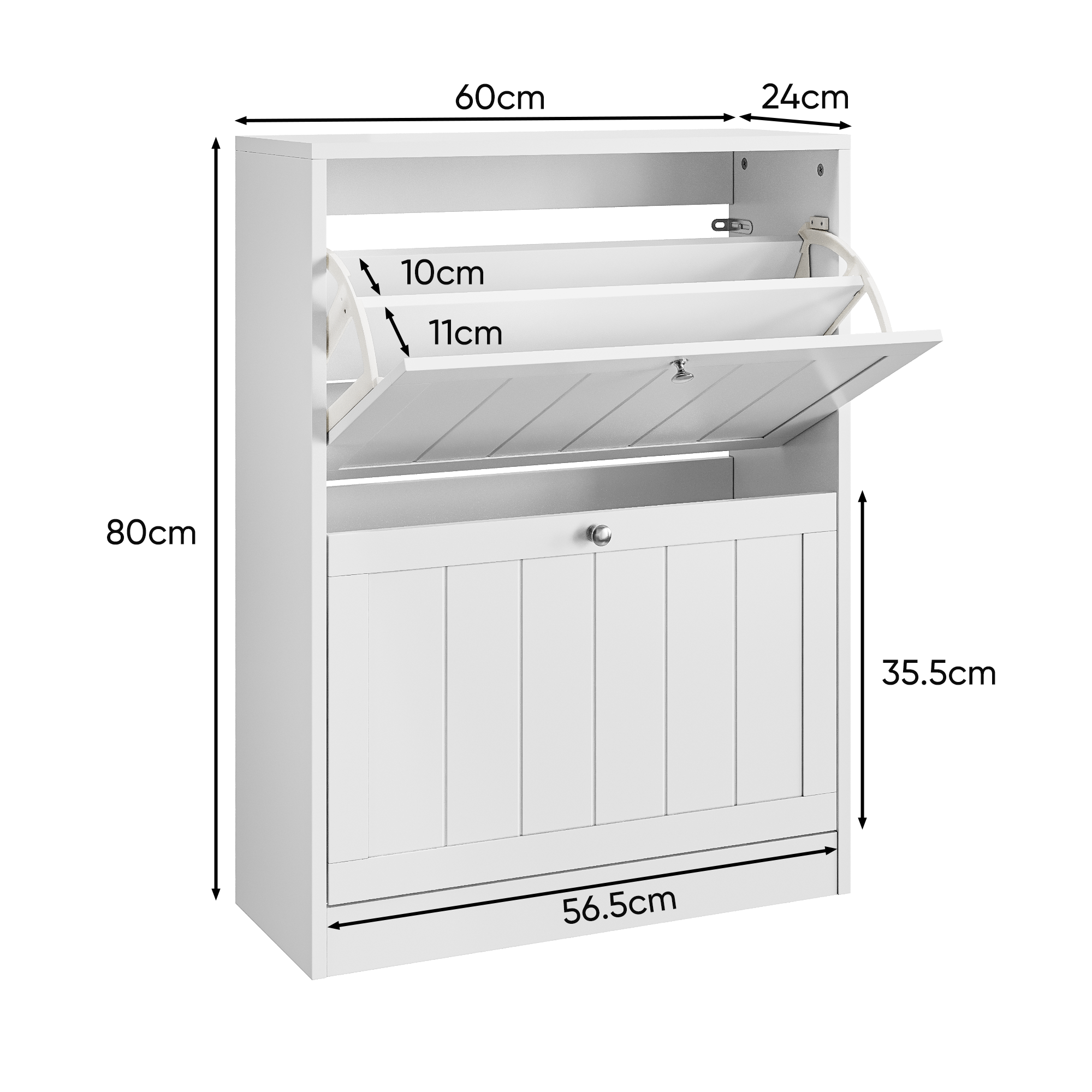 Shoe Cabinet, Freestanding Hidden 2 Drop-Down Drawers Mid-Century Modern White