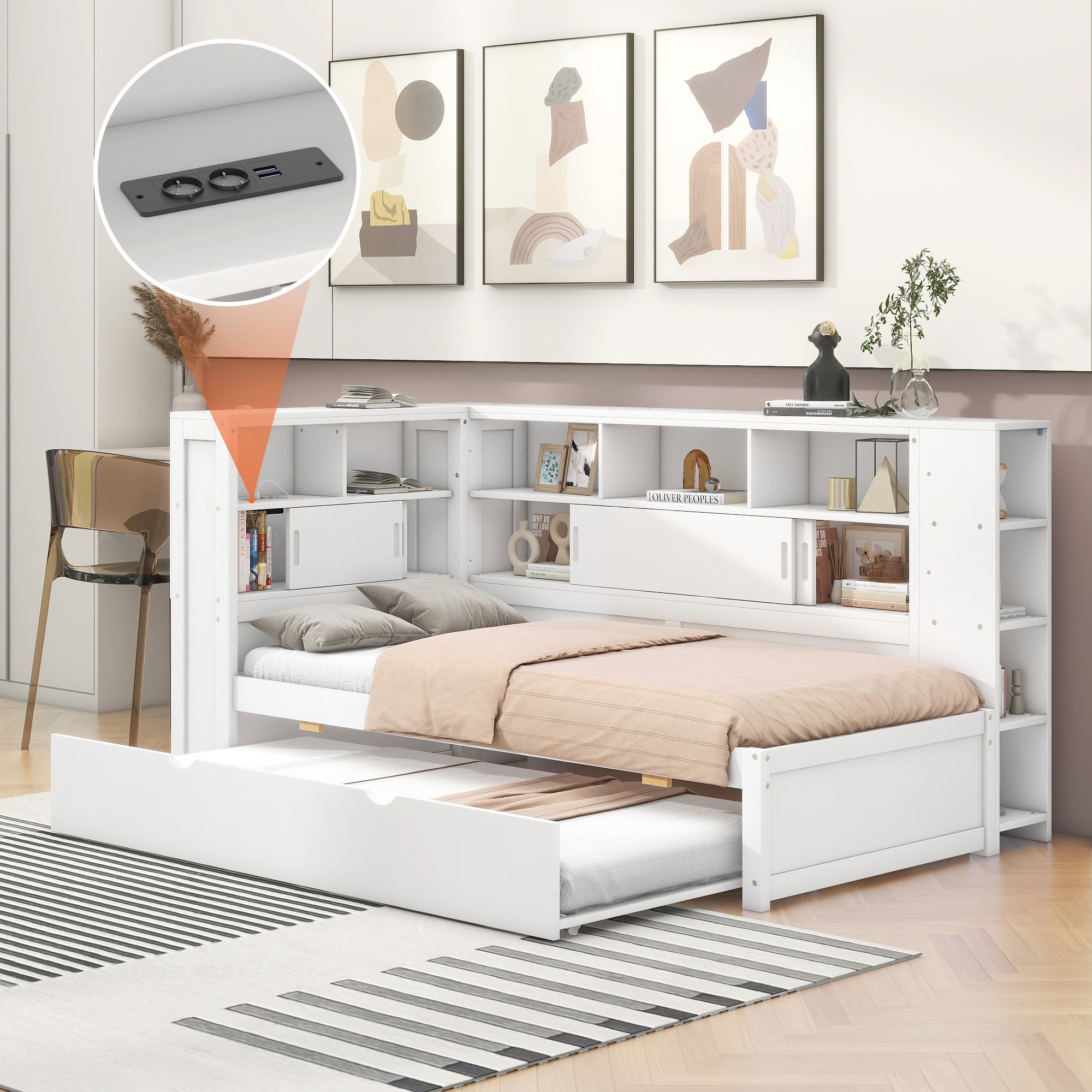 Daybed Children's Bed Pull-Out Sofa Storage USB Chipboard White