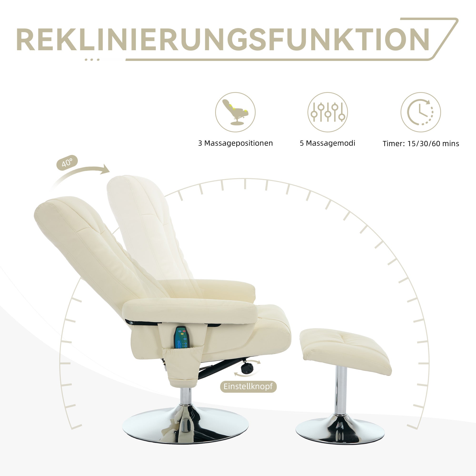 Recliner Chair with 5-Point Massage, Electric Heating, 360° Swivel, PU Fabric Beige