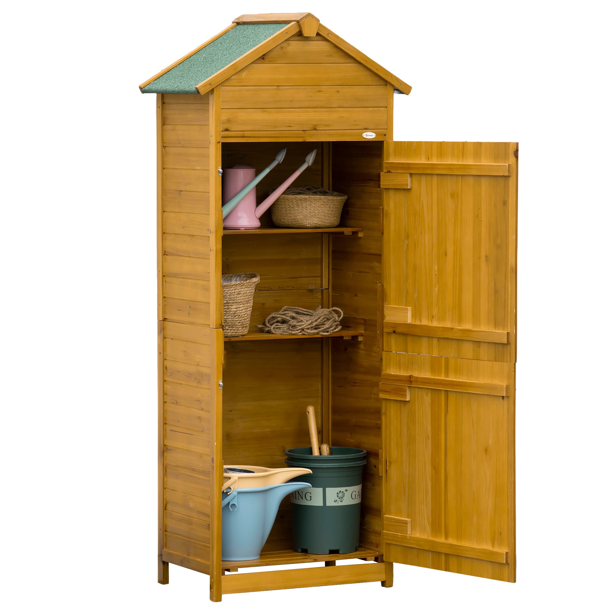Wooden Garden Storage Shed, Utility Cabinet with 3 Shelves and 2 Doors, Natural Wood