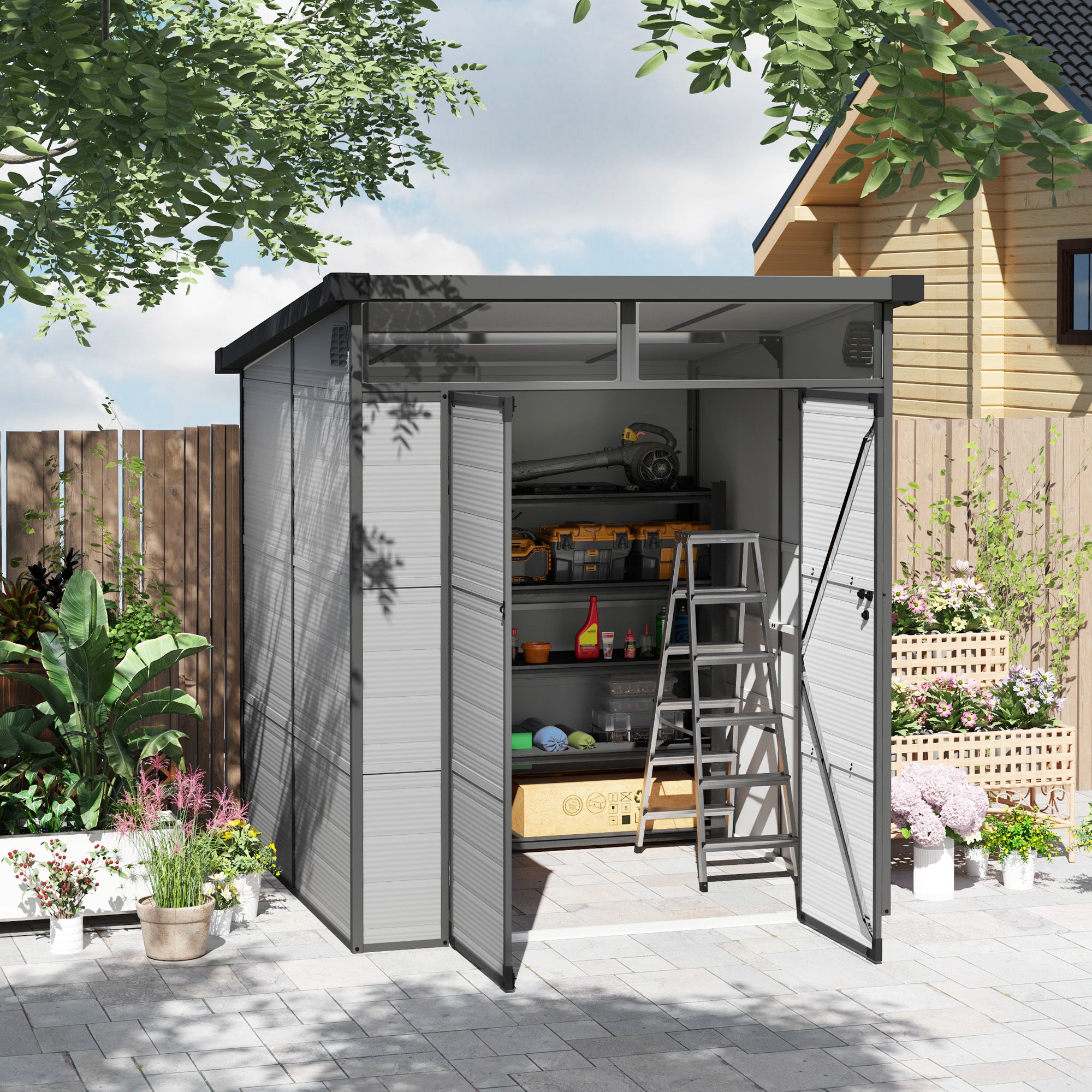 Outdoor Storage Shed, 6 x 6ft with Windows and Air Vents, Light Grey