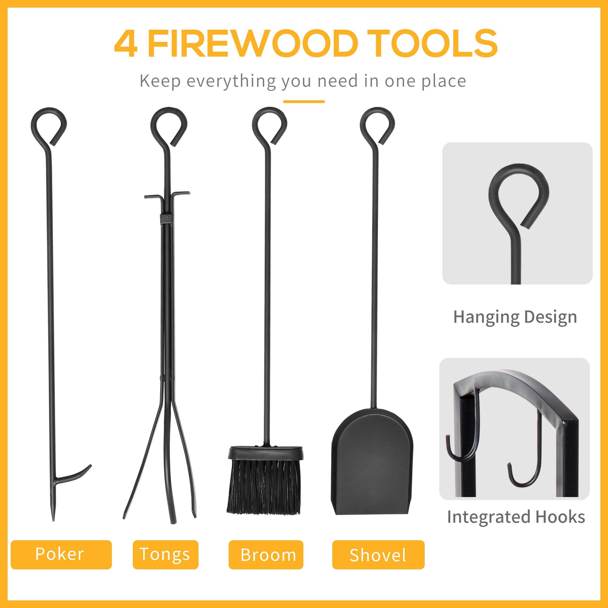 Metal Firewood Log Holder, 2 Layer Storage Rack with 4 Tools, Black