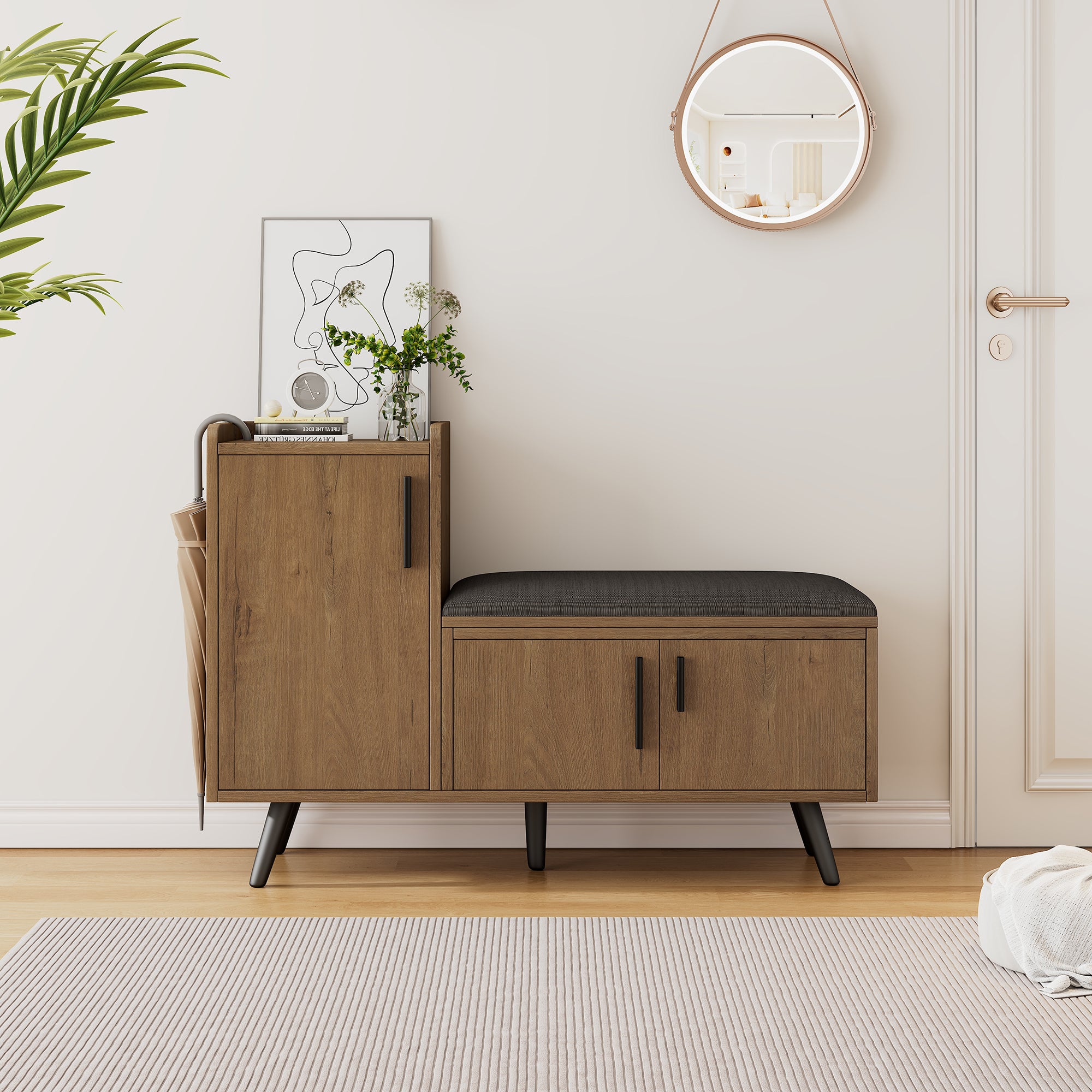 Modern shoe bench with three storage doors and multiple levels for storage, metal handles