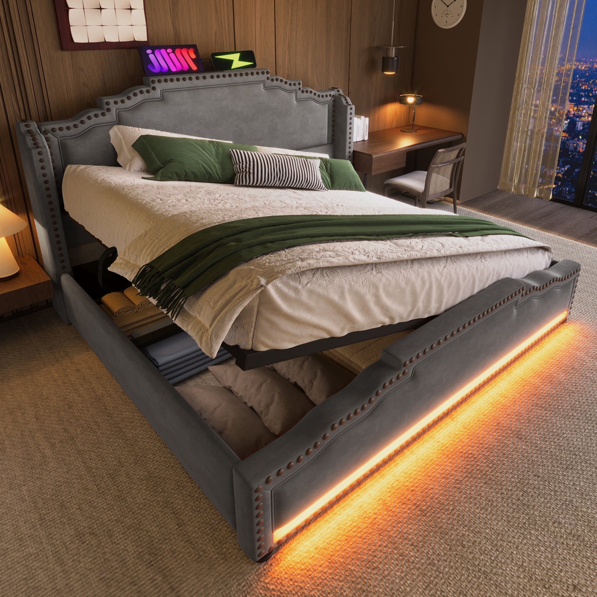 Upholstered Bed 140x200, Hydraulic Storage, LED, USB-C, Velvet Grey