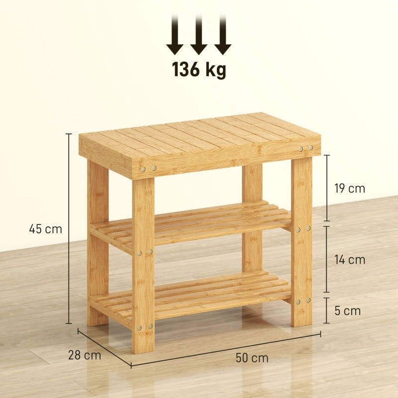 Bamboo Shoe Bench 2 Shelves Seat 50x28x45cm - Natural