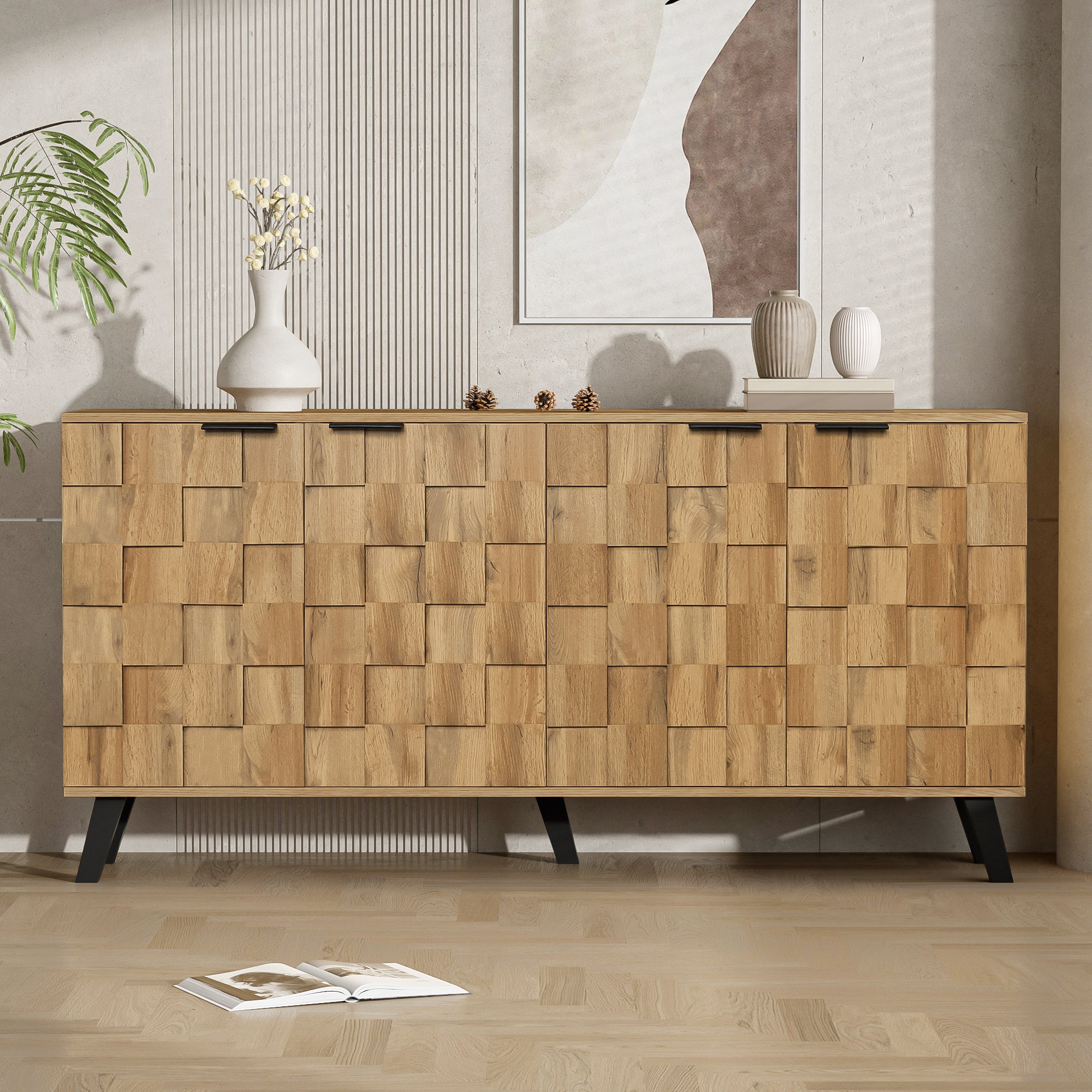 Sideboard, 4 Doors Storage, Wood Color