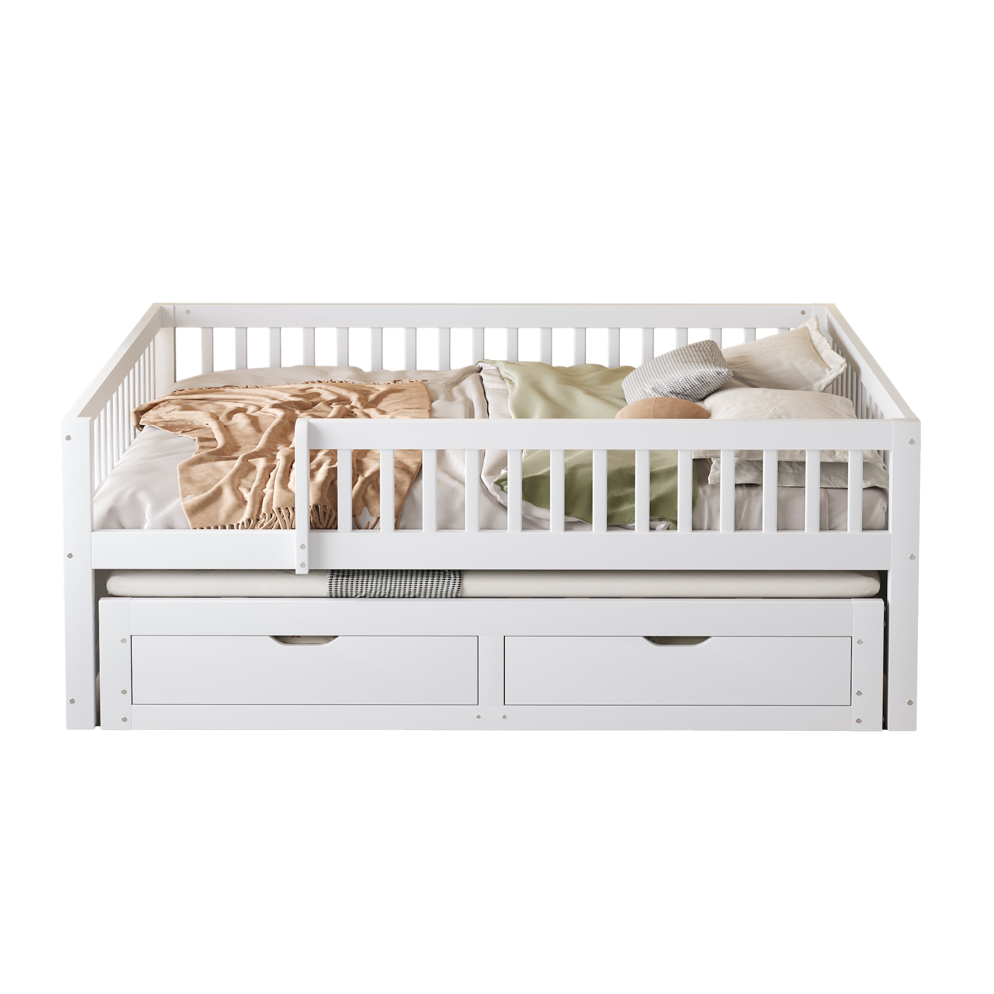 Sofa Bed, Pull-Out with Safety Gate & 2 Drawers, Solid Wood, White