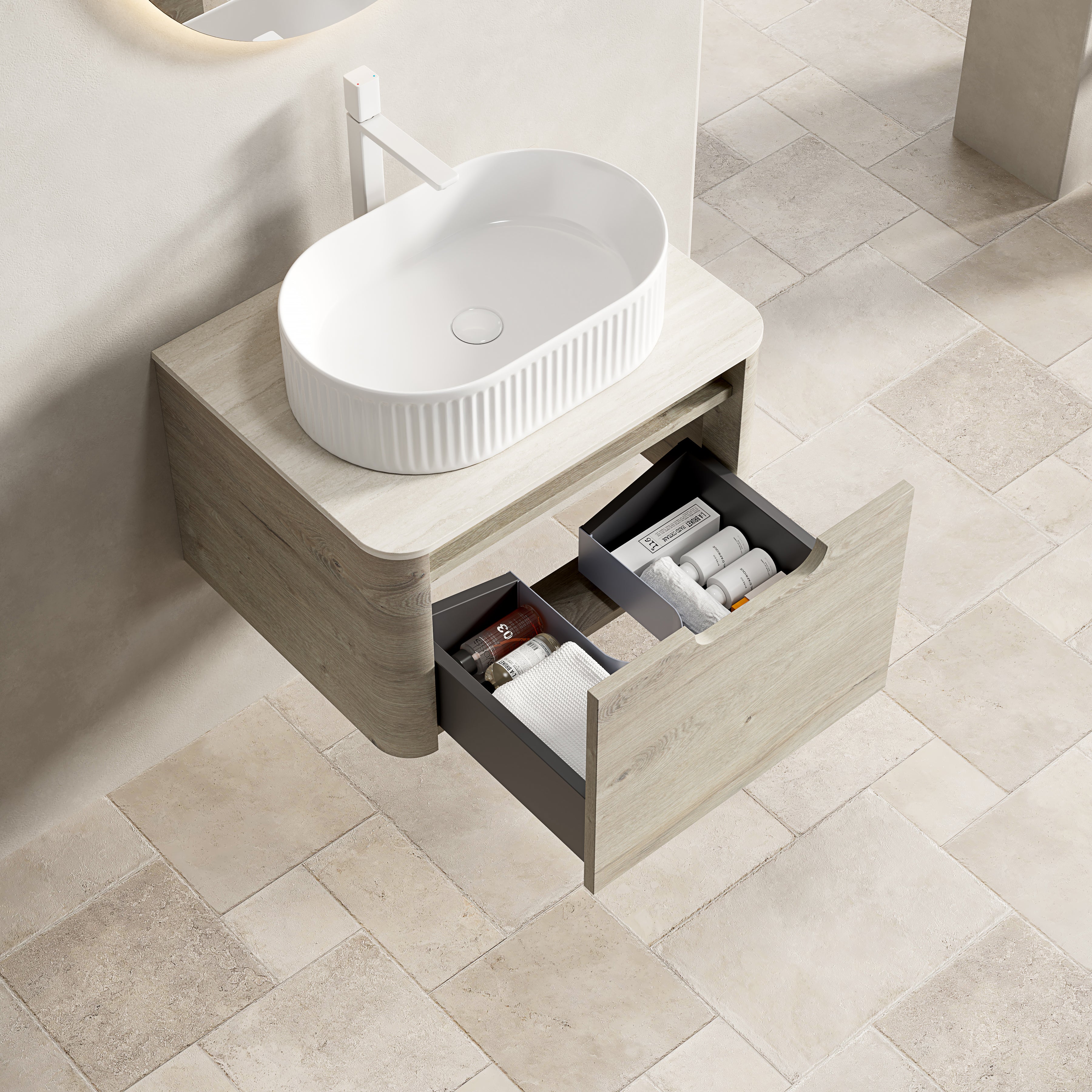 Floating Bathroom Vanity Unit with Oval Sink and Sintered Stone Top, Oak Cream Wood Grain