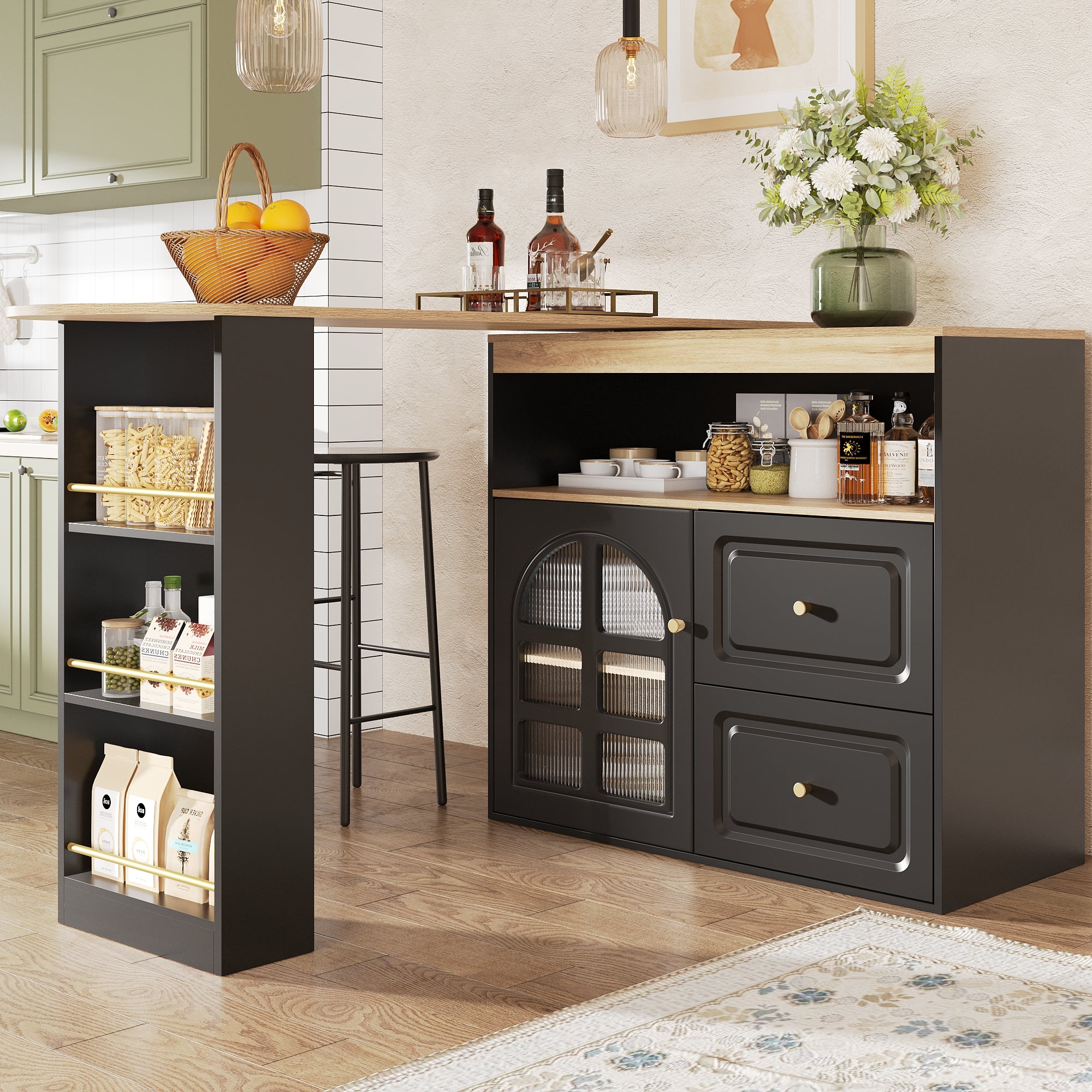 360° Rotating Dining Bar Storage with 2 Drawers Curved Glass - Black