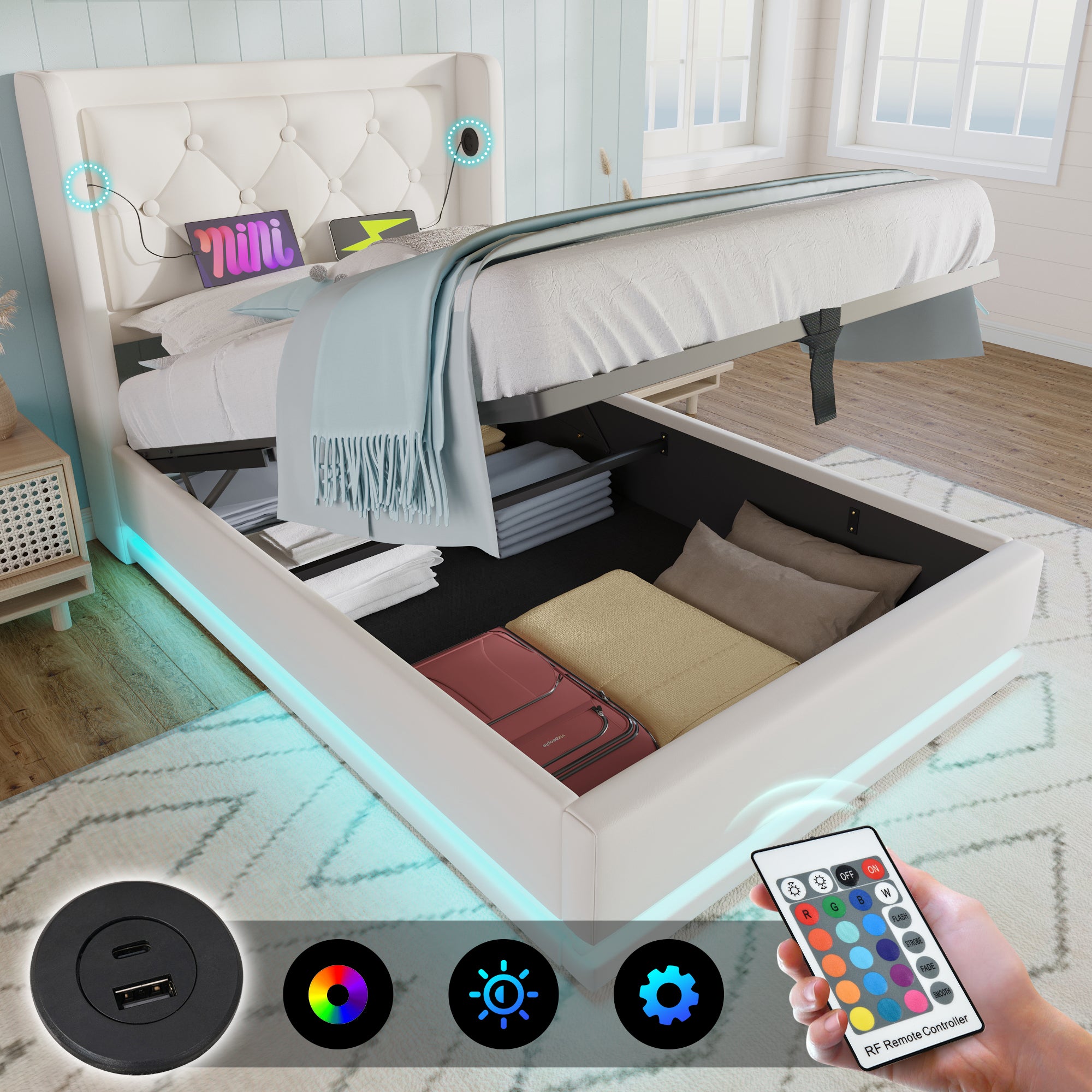 Upholstered Single Bed, Hydraulic Storage with USB & LED, White PU