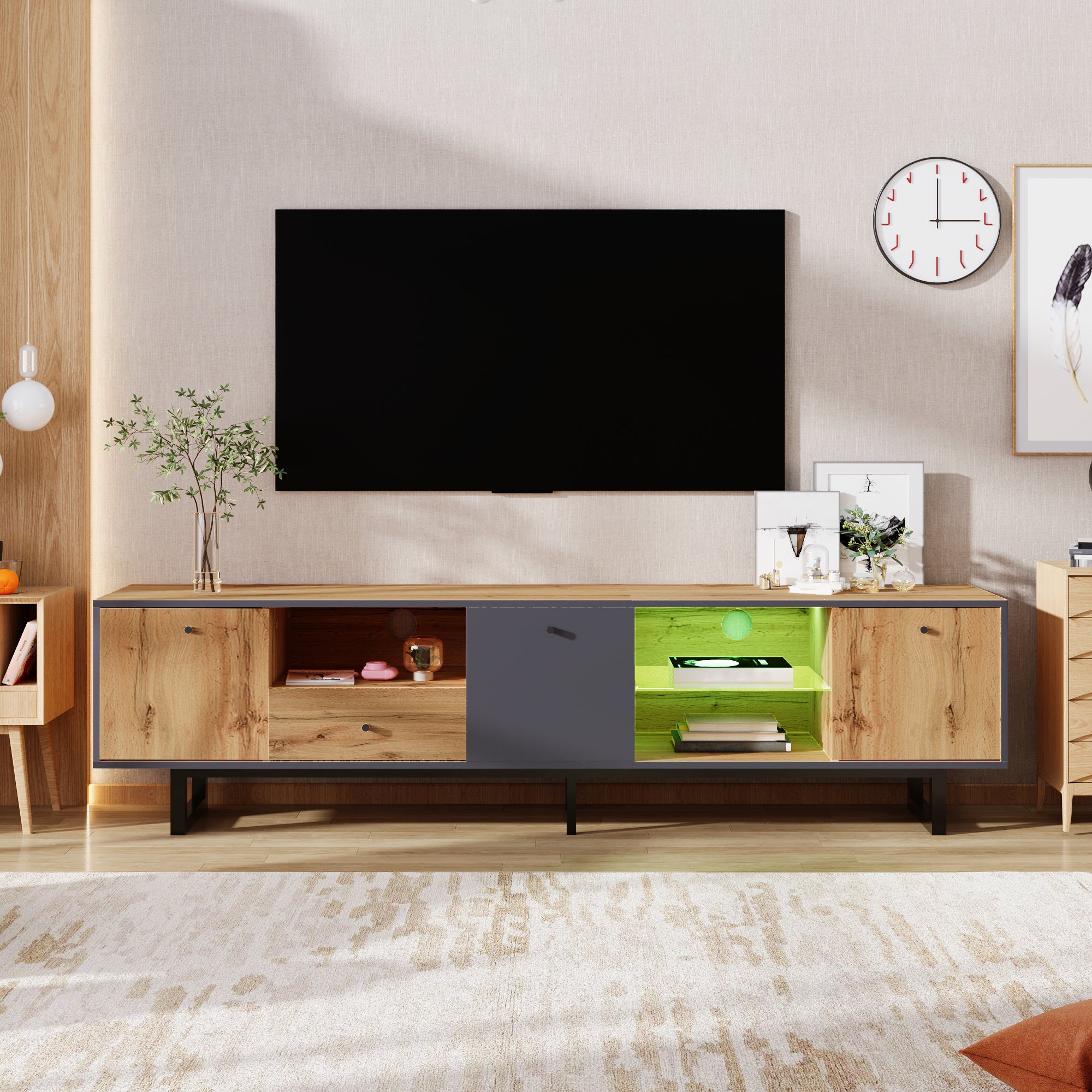 Lowboard TV Cabinet, LED Light & Glass Partition, Color-Matching Design