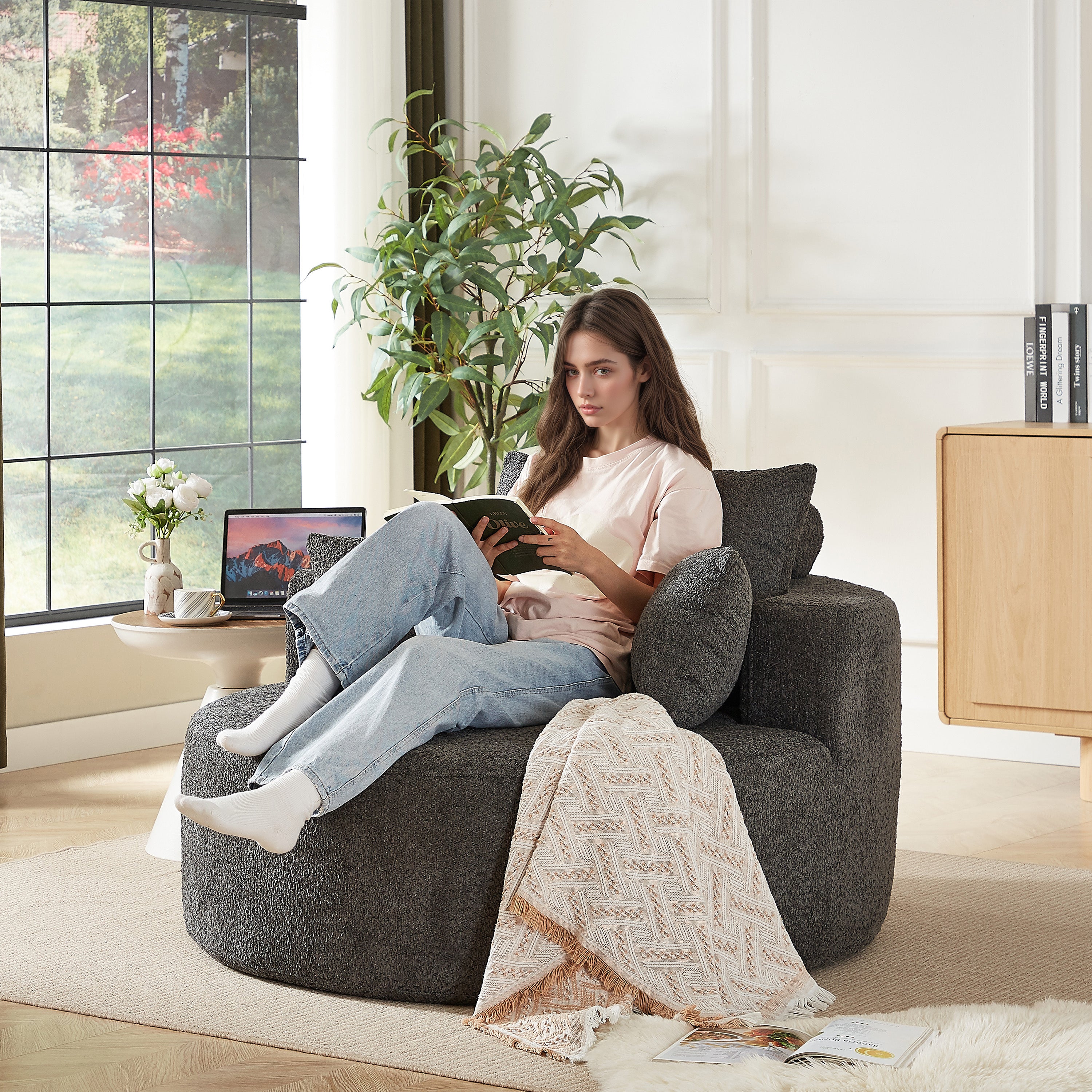 Chenille Foam Armchair Sleeper Chair, No Assembly Required, Fluffy Modern Chenille