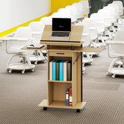 Rolling Podium Stand, Folding Side Wings & Shelves, Oak