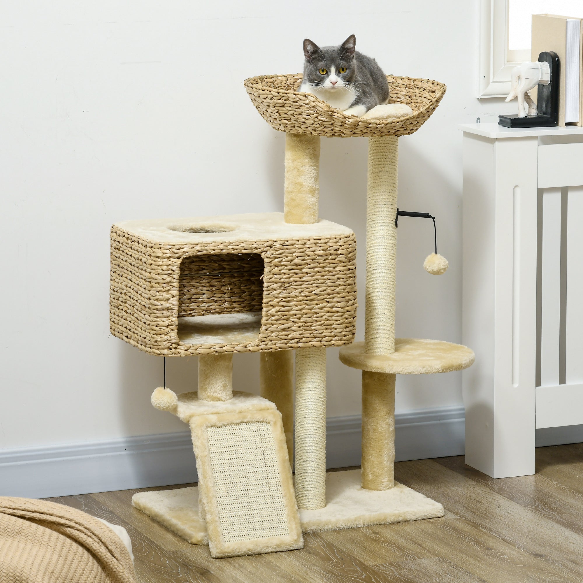 Cat Scratching Post, 98cm 2 Resting Areas Play Ball, Sisal Beige
