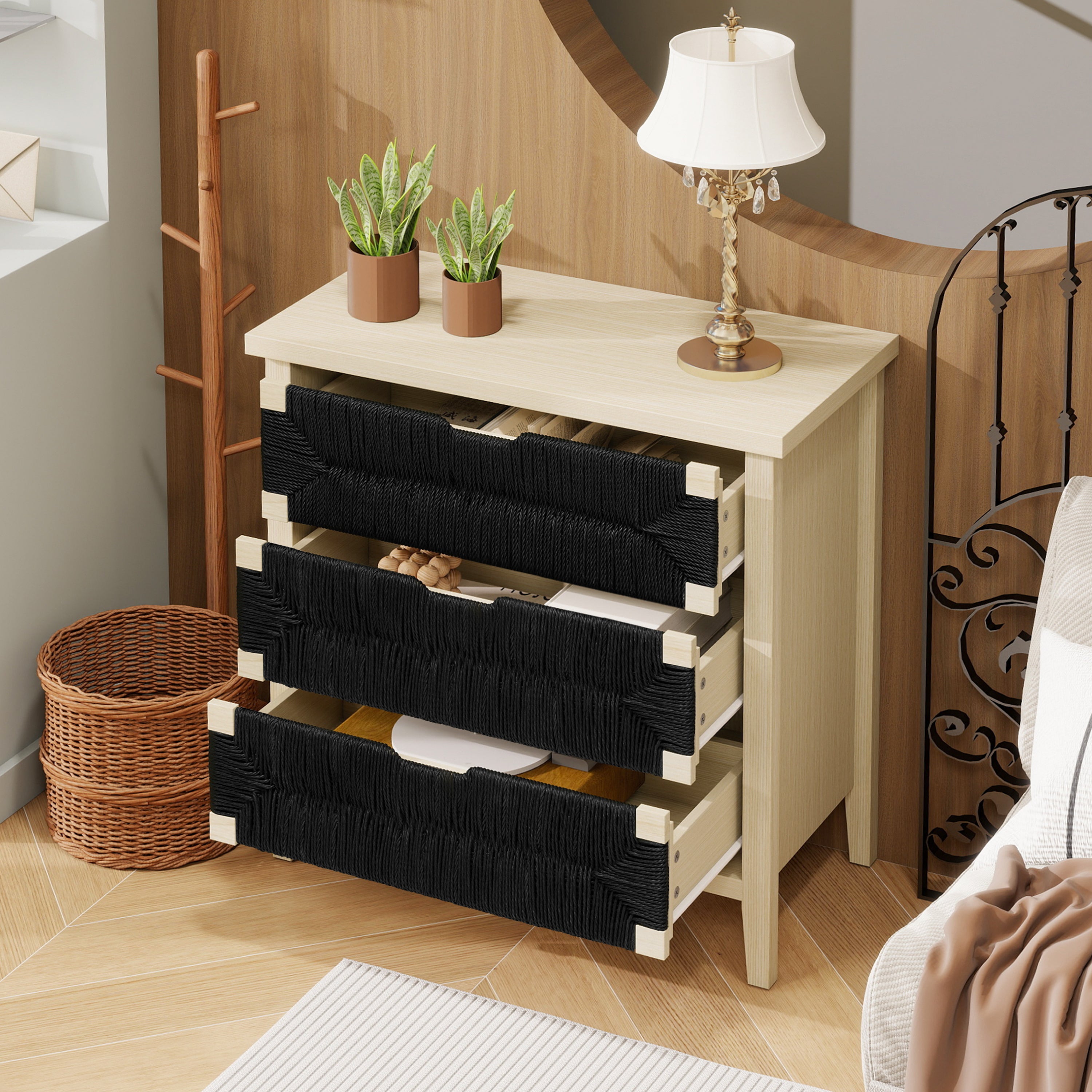 Chest of Drawers 3-Drawer Boho Rope Design 80cm - Natural Wood/Black