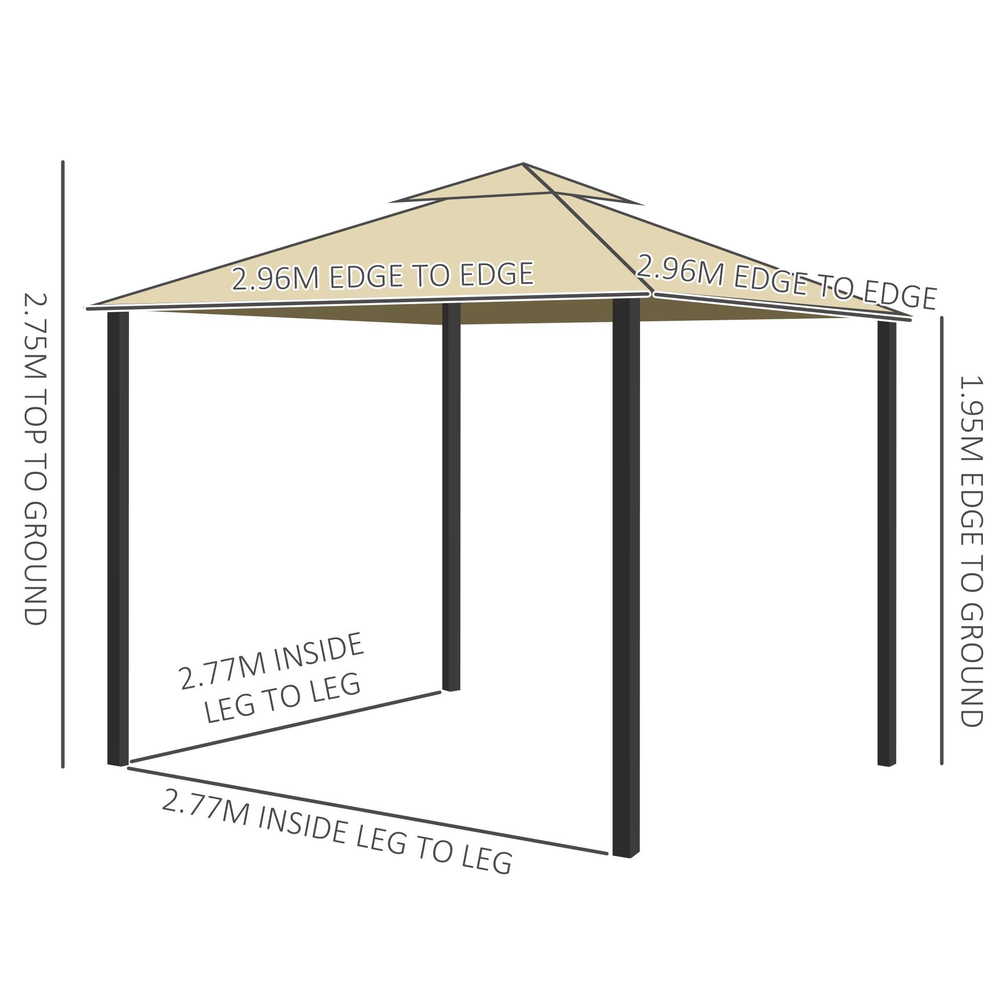 Patio Gazebo Canopy, 3 x 3m, 2 Tier Roof, Netting & Curtains, Beige Aluminium Frame