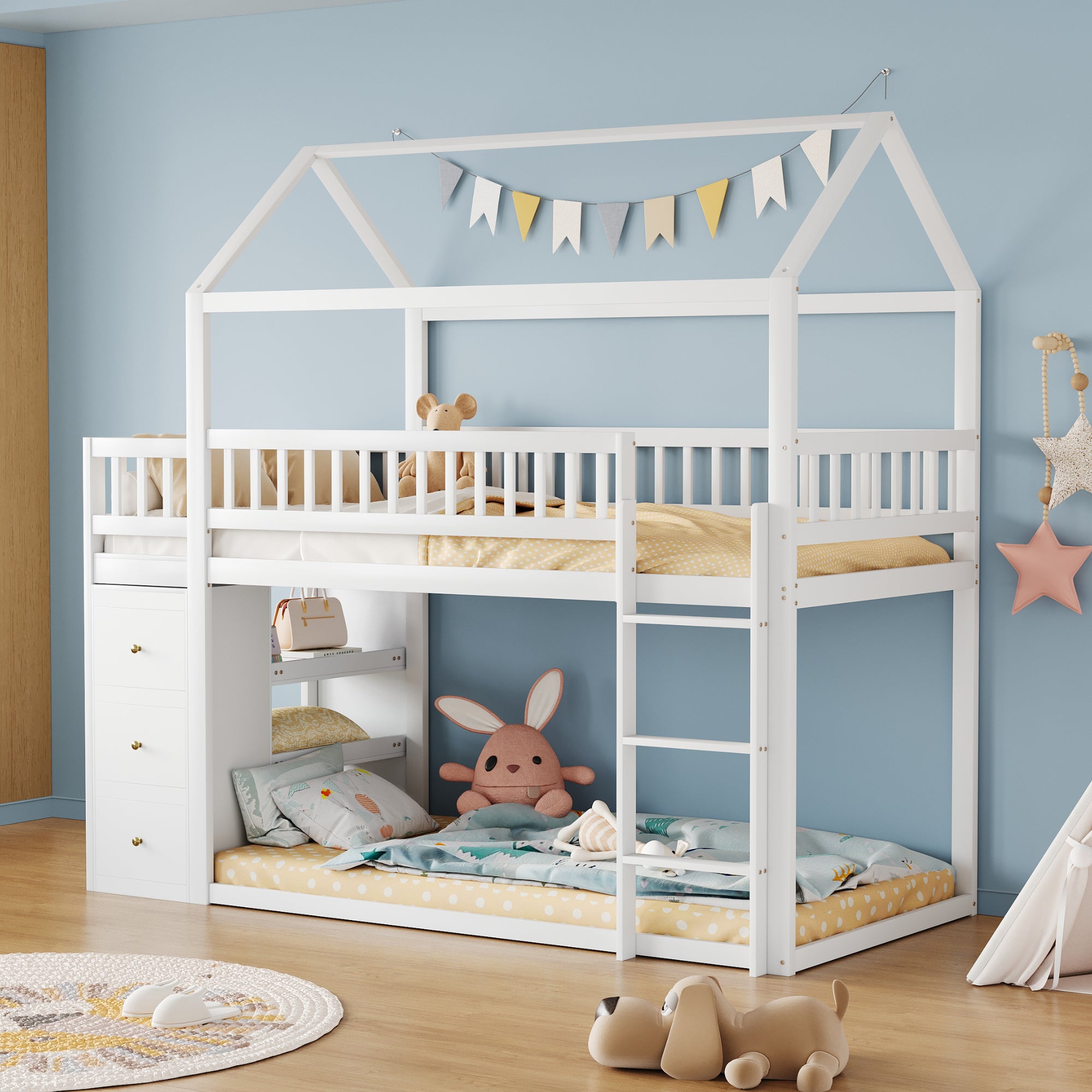 Bunk Bed, House Shape with Storage and Ladder, Solid Wood, White