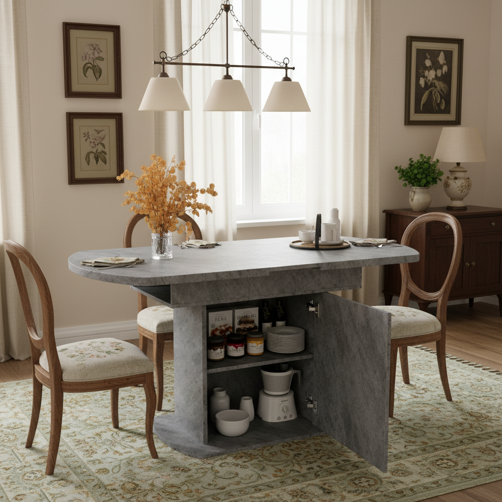 Extendable Oval Dining Table 110/130cm, Space-Saving, Storage Function, Cement Grey + Silver Handles