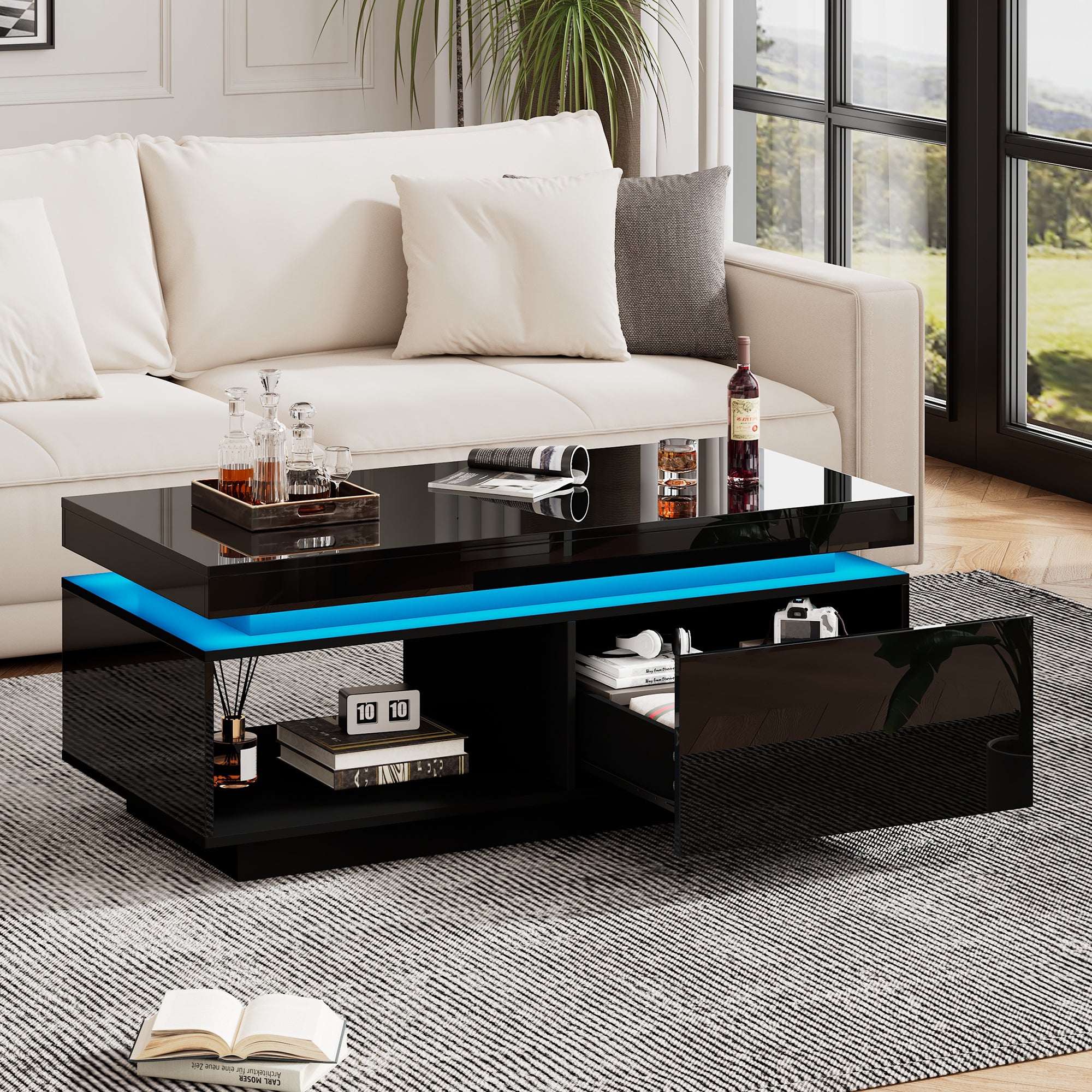 Coffee Table LED Lighting Drawer 100x50x40.3cm High-Gloss