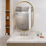 Oval Mirror Cabinet, Recessed Medicine Wall Storage Adjustable Shelves, Gold Metal Framed