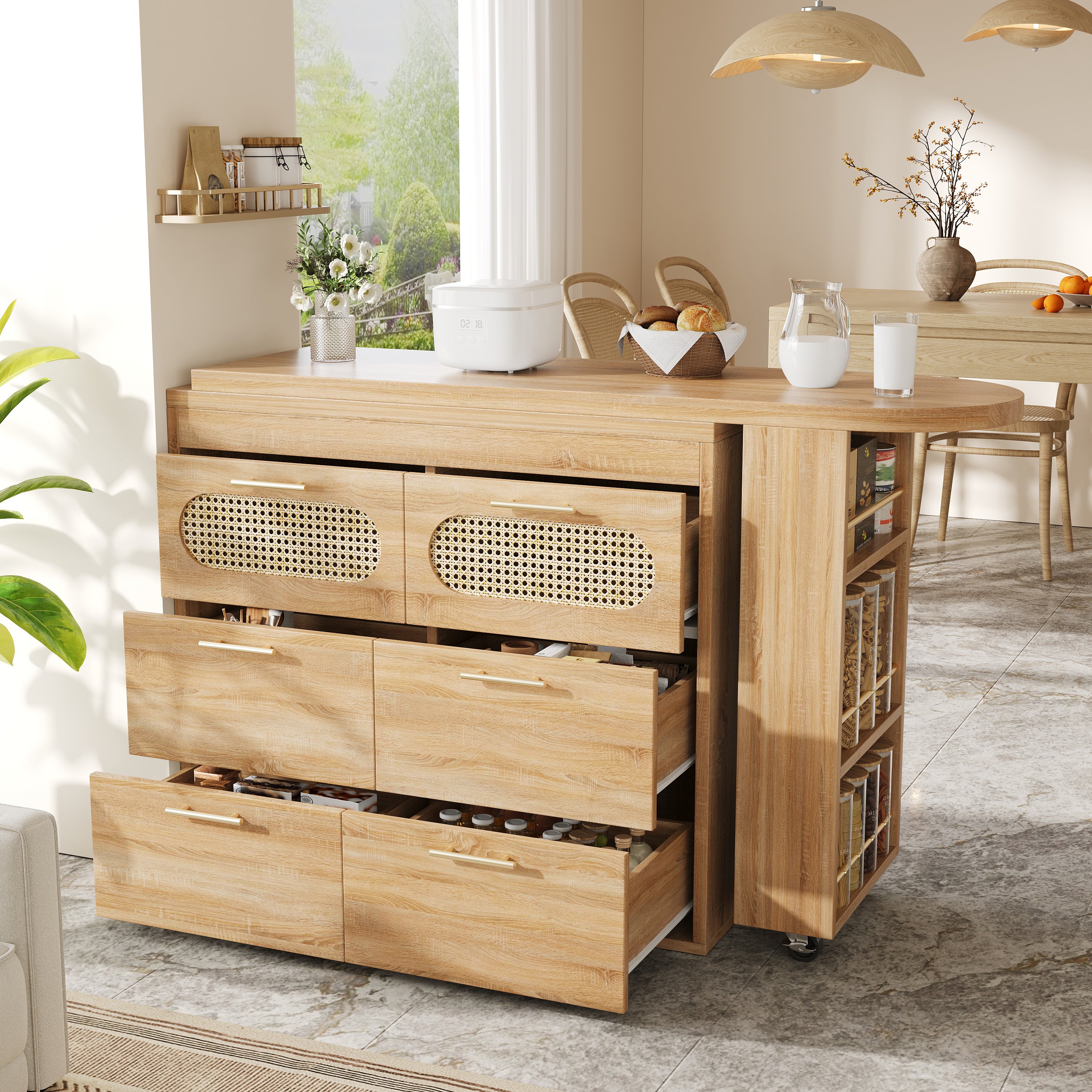 360° Rotating Bar Table with 6 Drawers and Anti-Tip Device, PE Rattan and Metal