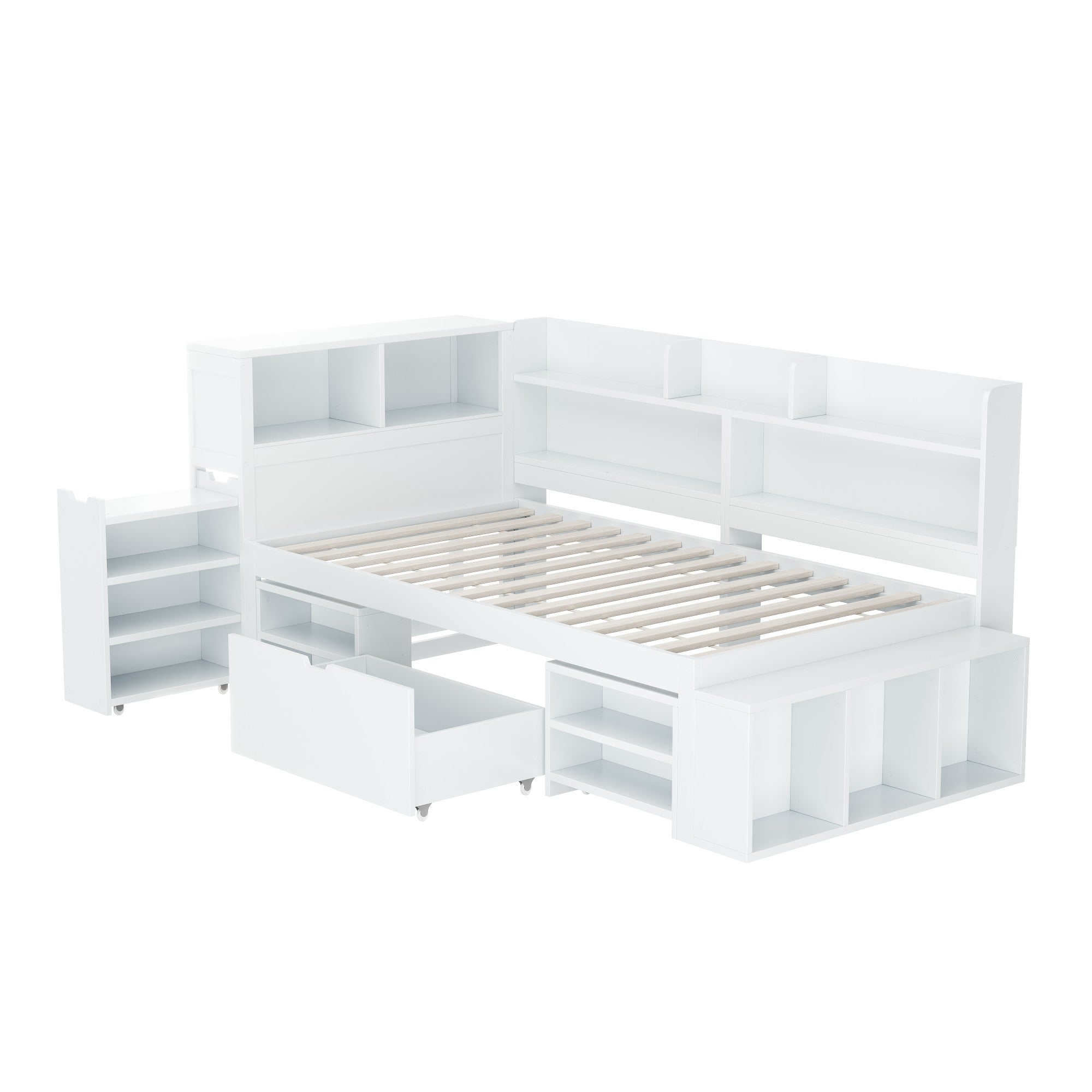 Children's Single Bed 90x200cm Storage Drawers Bookshelf - White