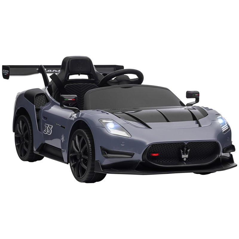 Maserati GT2 Licensed 12V Electric Ride On Car with Suspension Wheels, Remote Control, Music, Horn, Lights, Grey