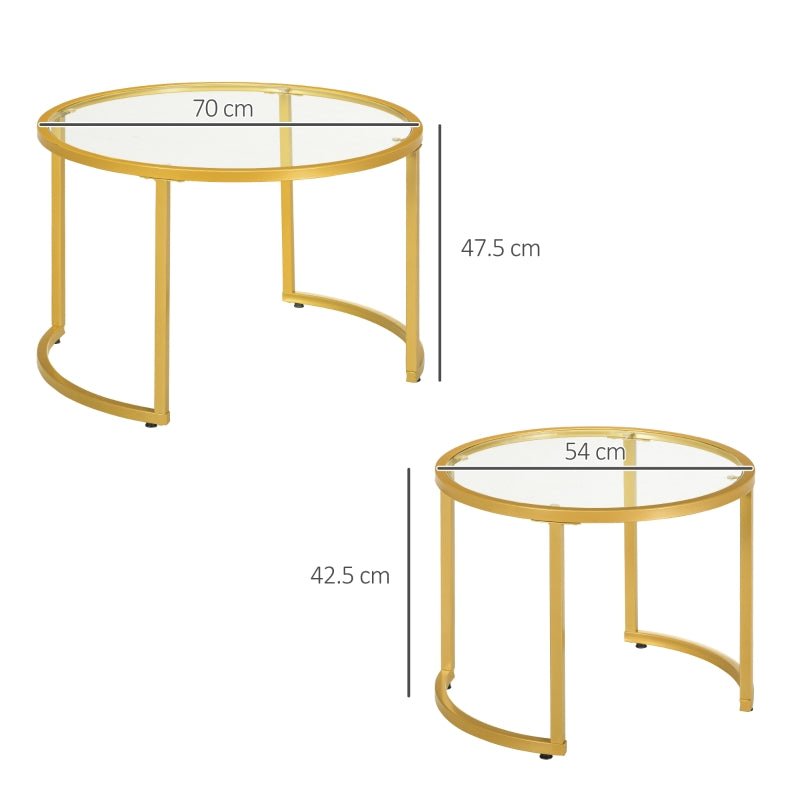 Coffee Table Set of 2, Modern Nesting Tables with Tempered Glass Top, Gold Tone Steel Frame