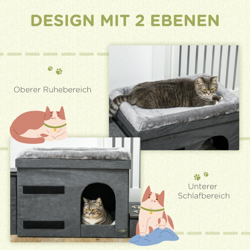 Cat House with 3 Pet Stairs & 2 Food Bowls, Grey