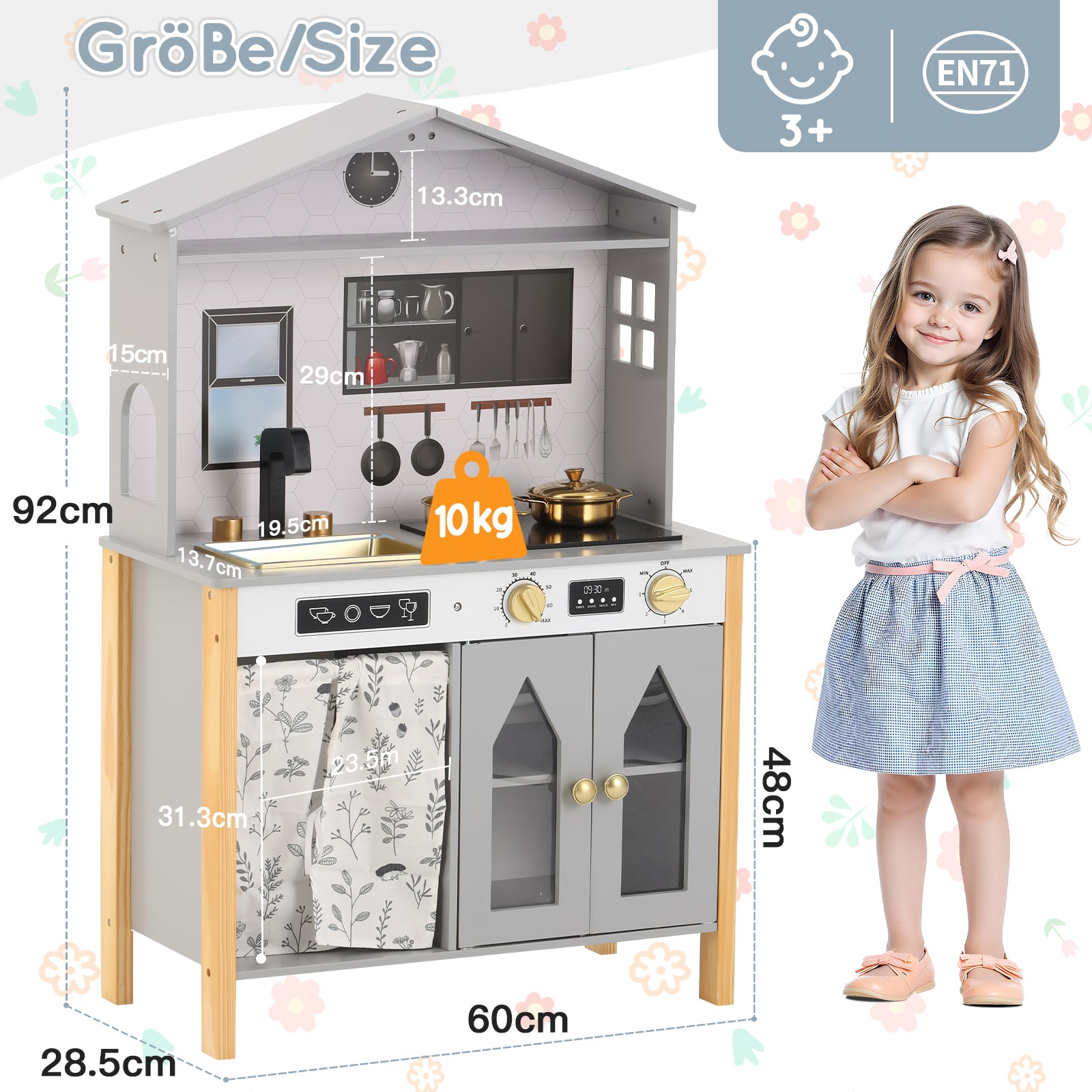 Children's Play Kitchen with Creative House Design and Accessories, Wood and Plastic, Grey