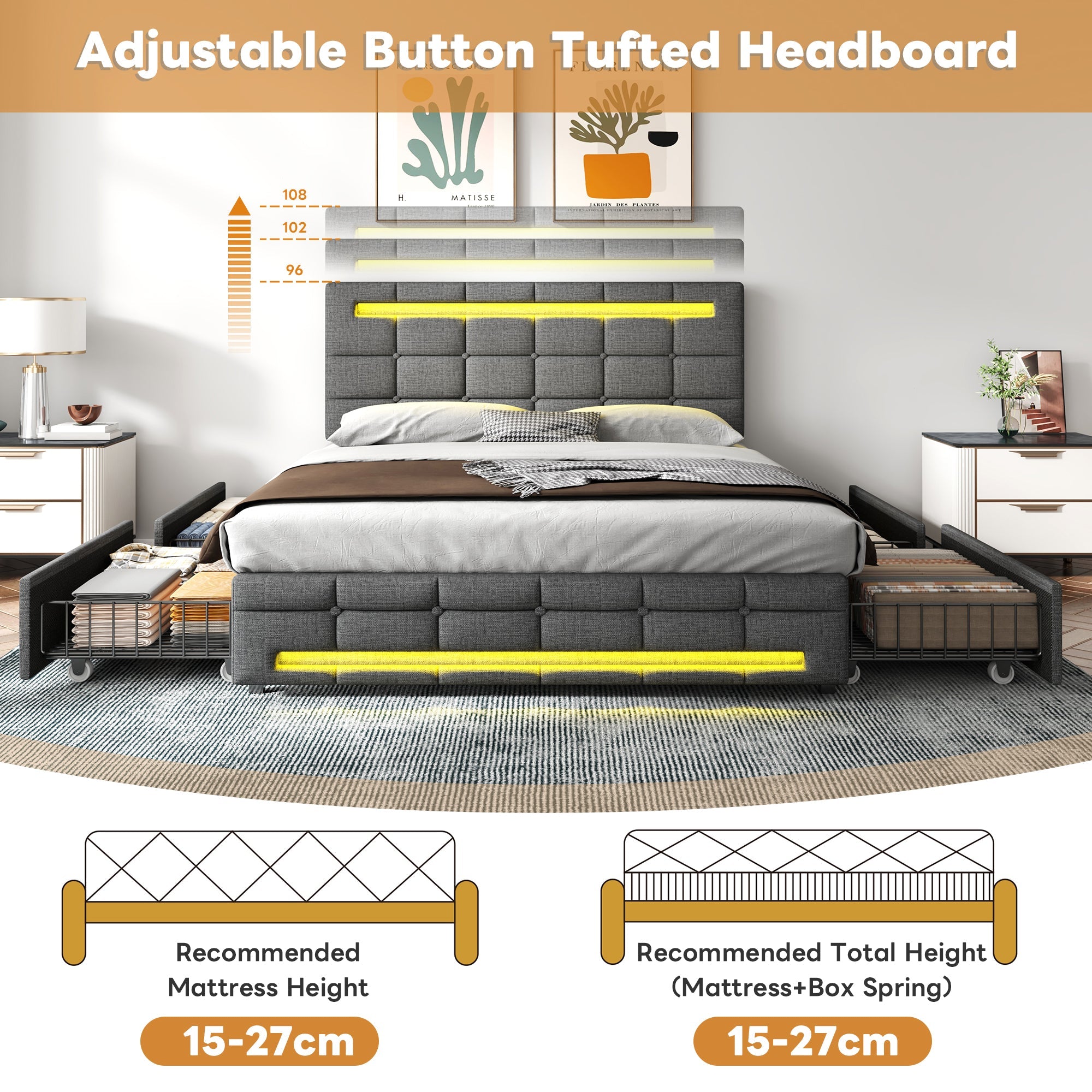 4ft6 Double Upholstered Bed with LED Lighting, Storage Drawers, Adjustable Button Tufted Headboard, Linen Fabric, Grey