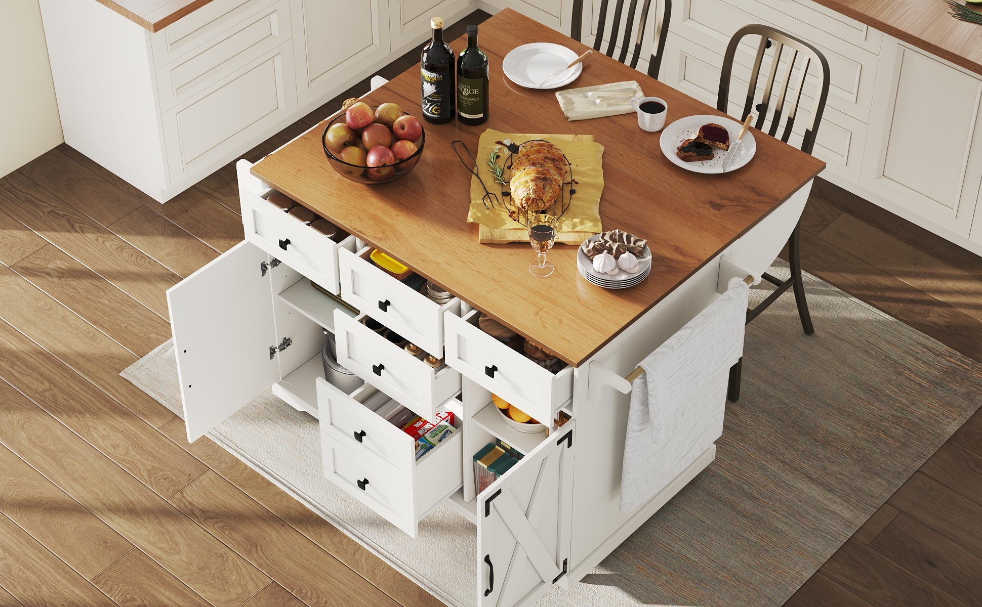 Kitchen Island Serving Trolley - Storage Wood Grain - White