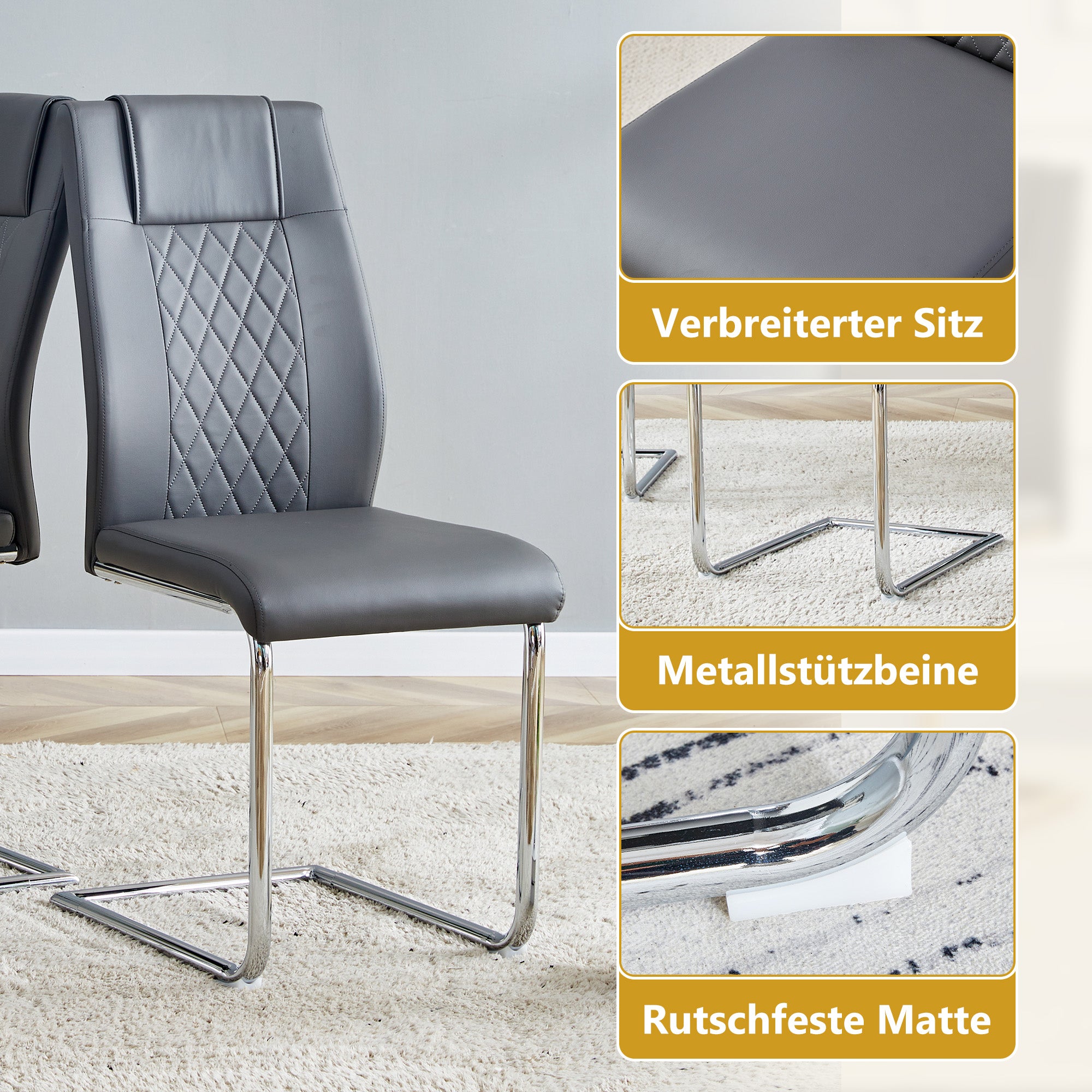 Scandinavian Dining Chairs, Mesh Back, Metal Legs, Dark Grey PU Leather