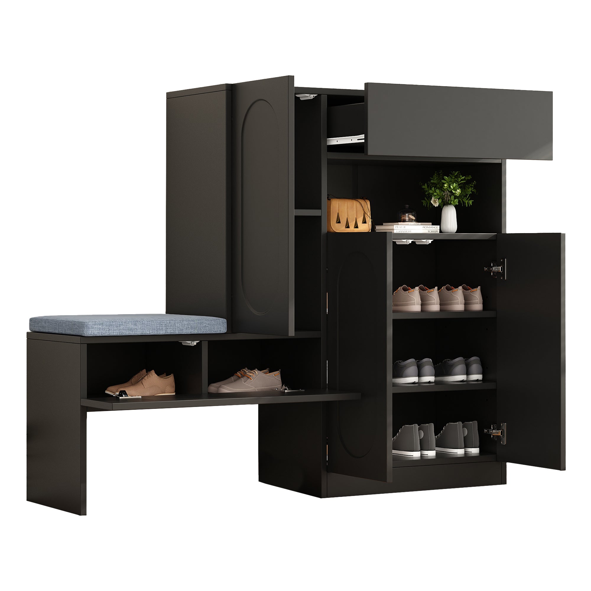 Trendy 2-in-1 Shoe Cabinet with Curved Doors, Soft-Close, Adjustable, Upholstered Bench, Black