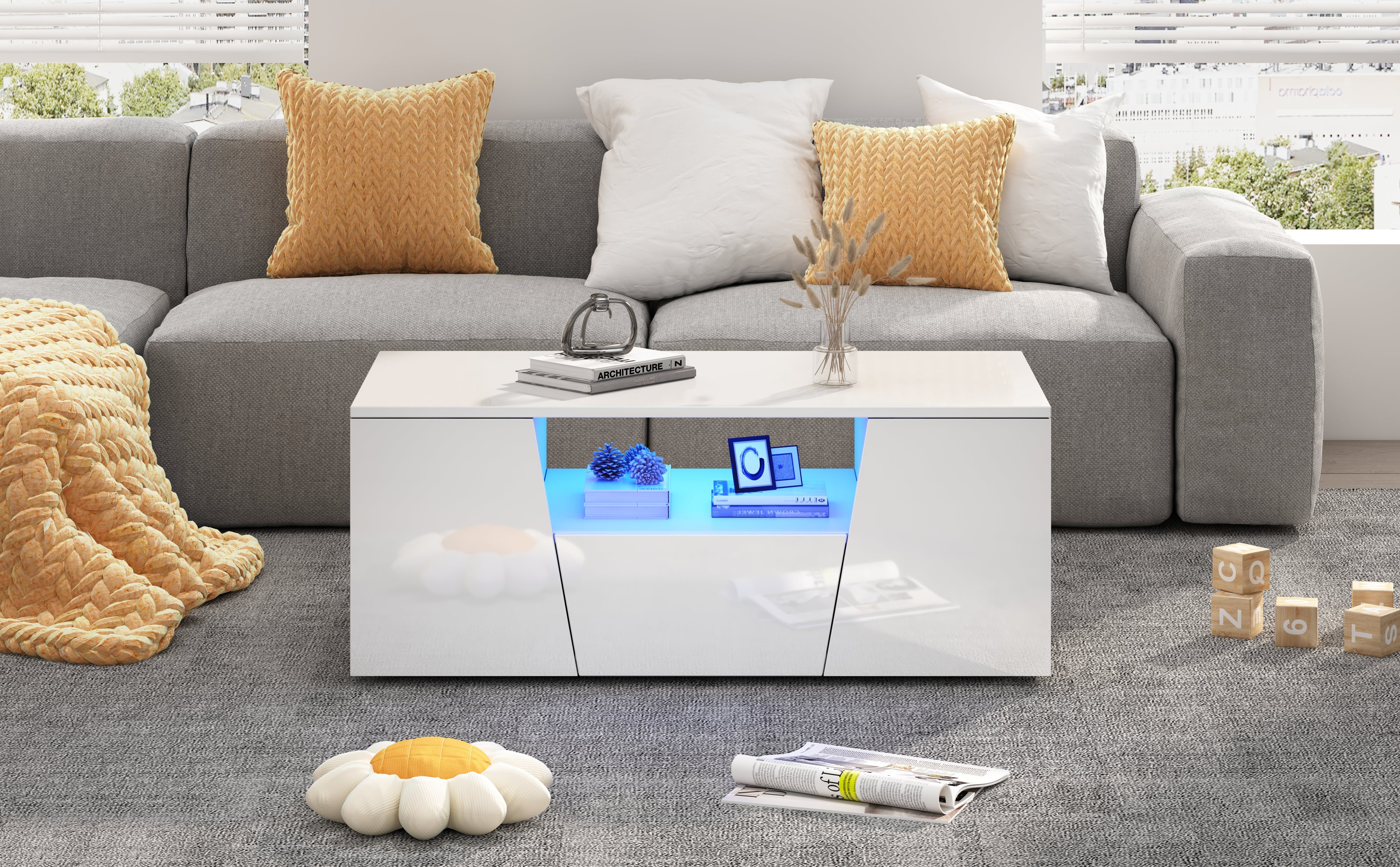 Coffee Table, Sofa Table with LED Light, 2 Cabinets, 1 Drawer, Irregular Design, White
