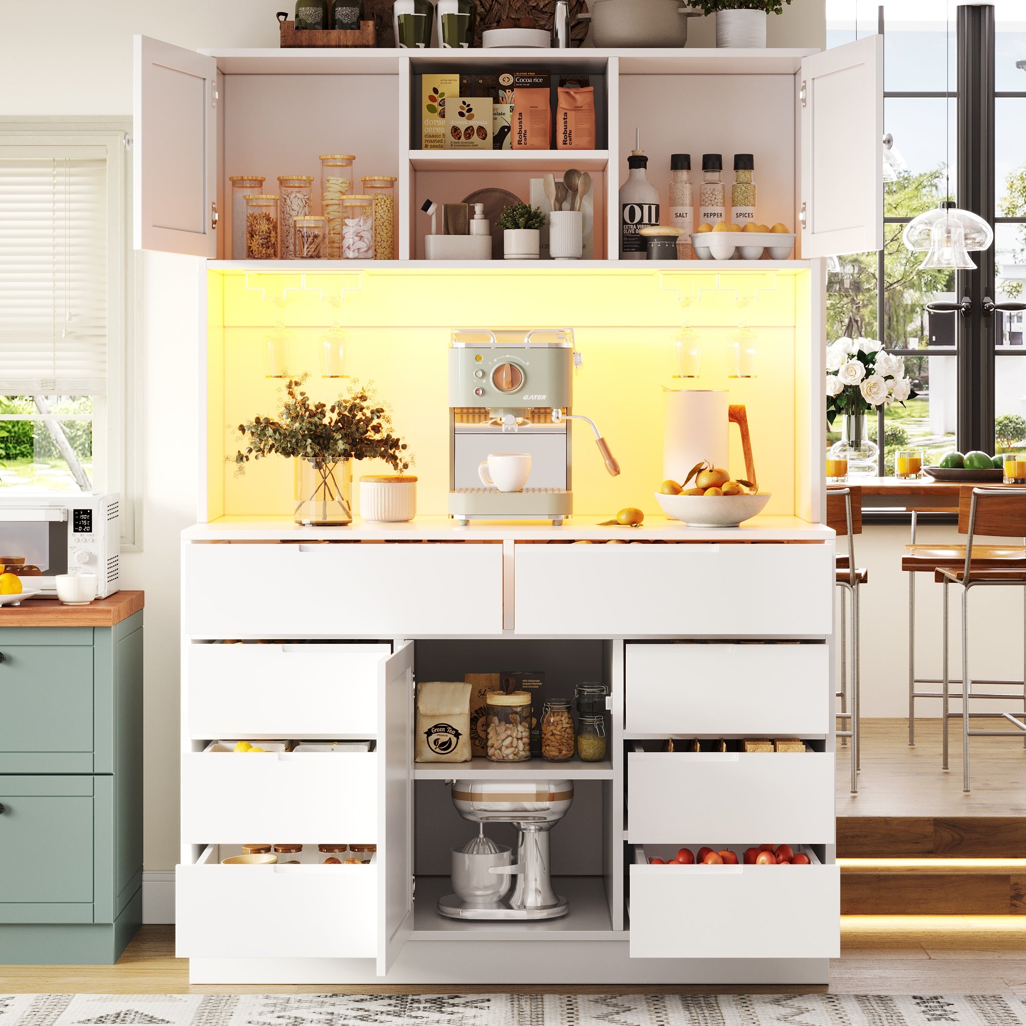 Modern Tall Cabinet Smart LED Lighting 8 Drawers Adjustable Shelves White