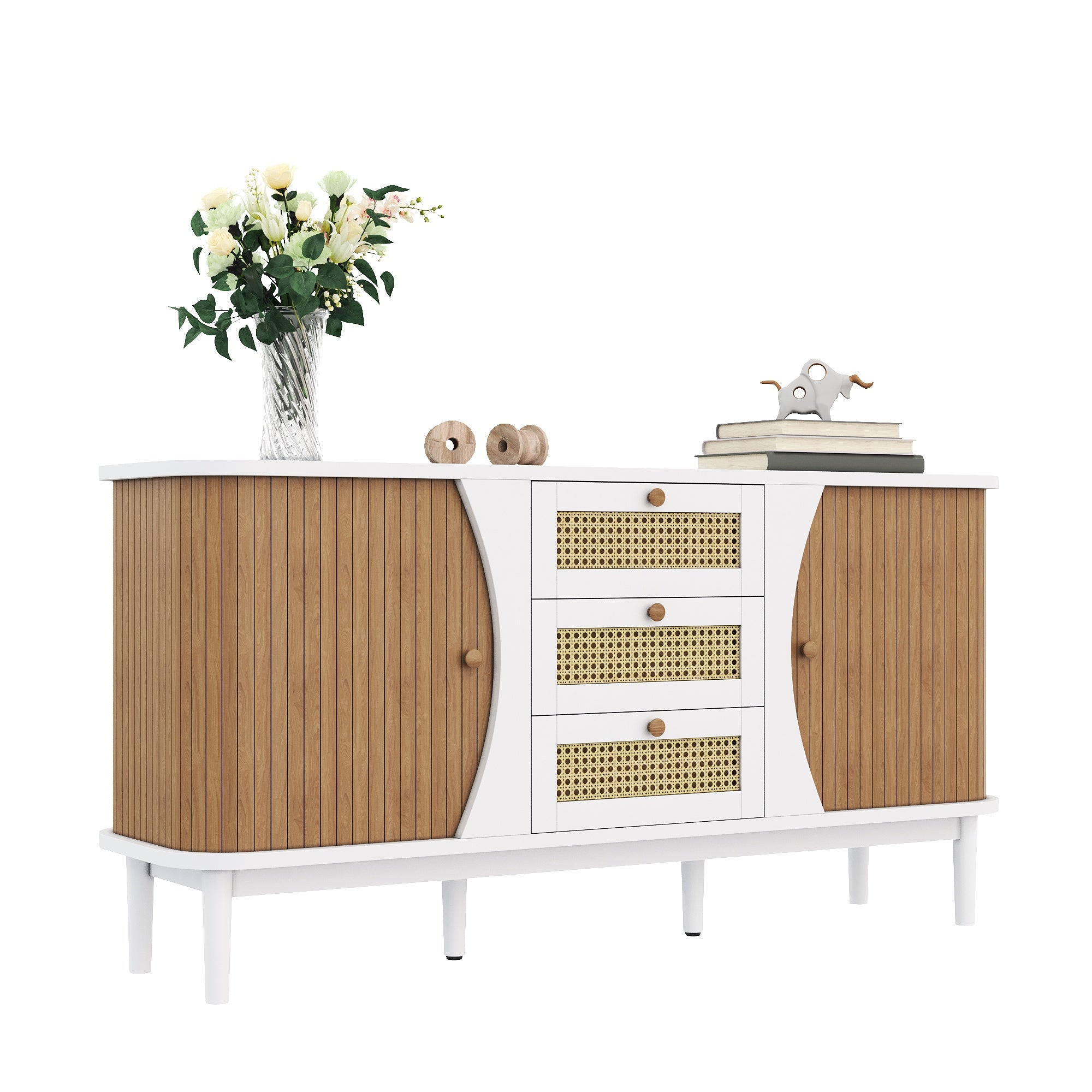 Sideboard Rattan Chest of Drawers with Sliding Doors, Adjustable Shelves, Curved Top