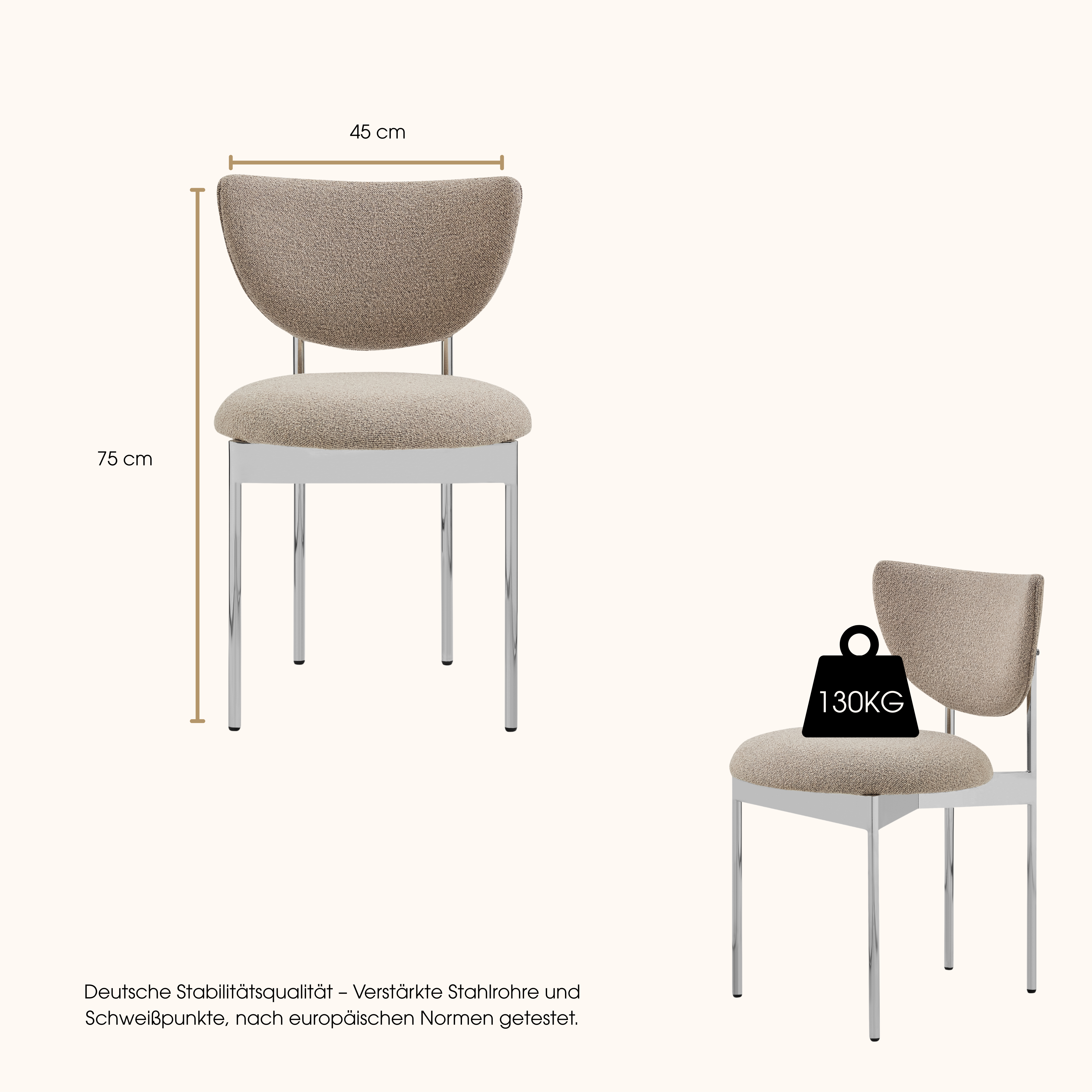 Lunar Dining Chair, Modern Metal Frame Set of 2, Beige/Khaki