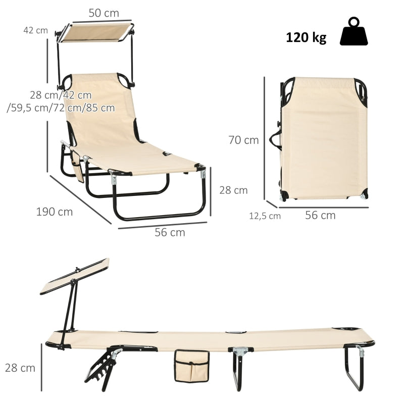 Set of 2 Folding Sun Loungers Sunshade 5-Pos. Adjustable Backrest - Brown