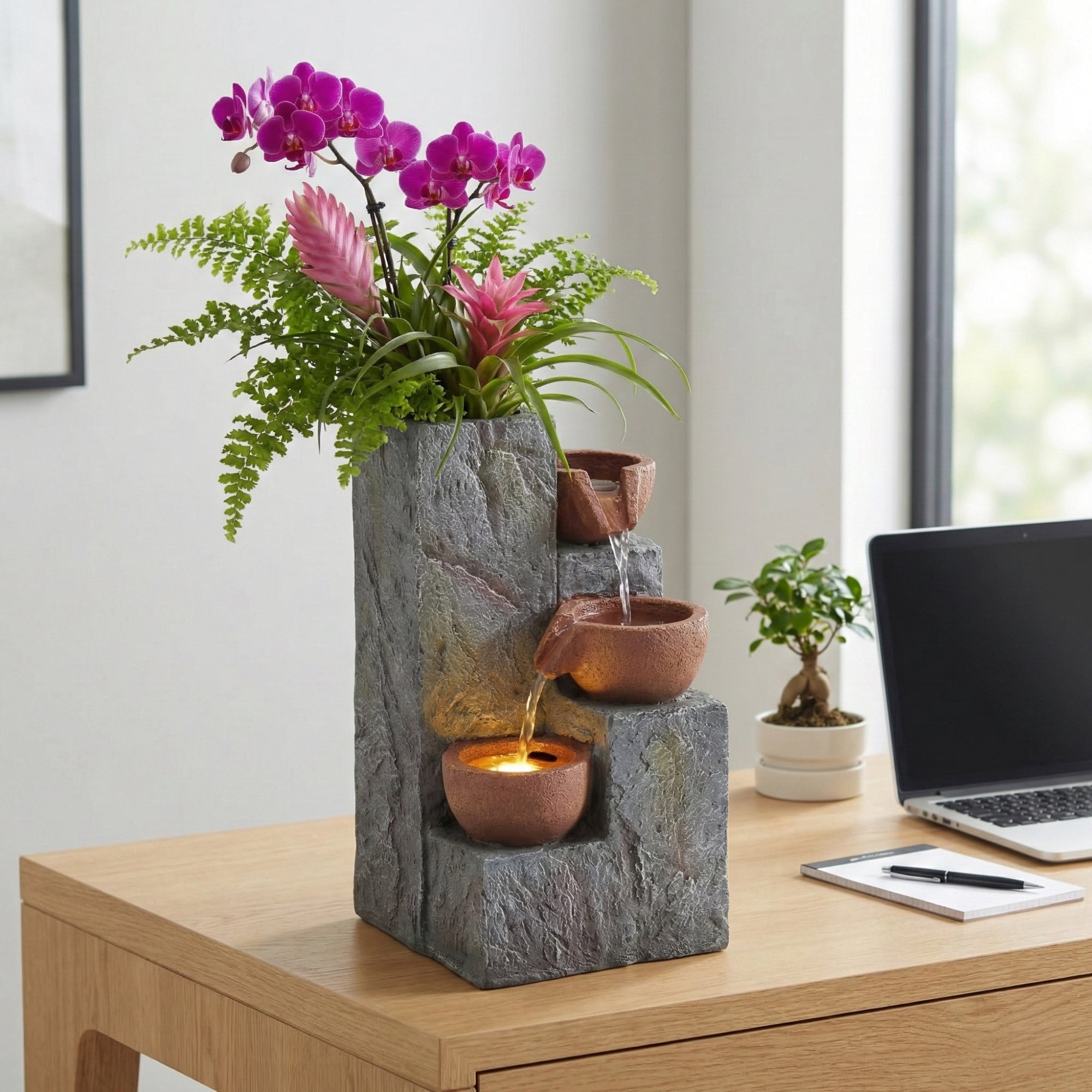 Garden Fountain with Three-Tier Waterfall and Antique Standing Basin, 230V Metal Finish