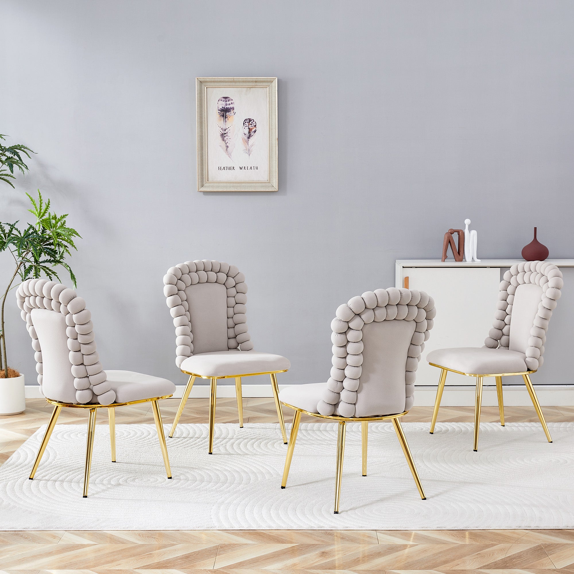 Dining Chairs (Set of 2) Ball Chain Backrest Gold-Plated Metal Legs, Light Grey Velvet