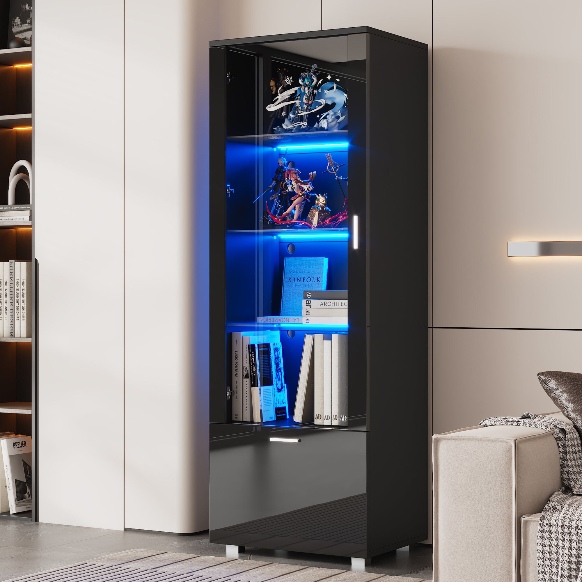 Display Cabinet, LED-Lit Glass with 3 Shelves for Collectibles, Black High-Gloss